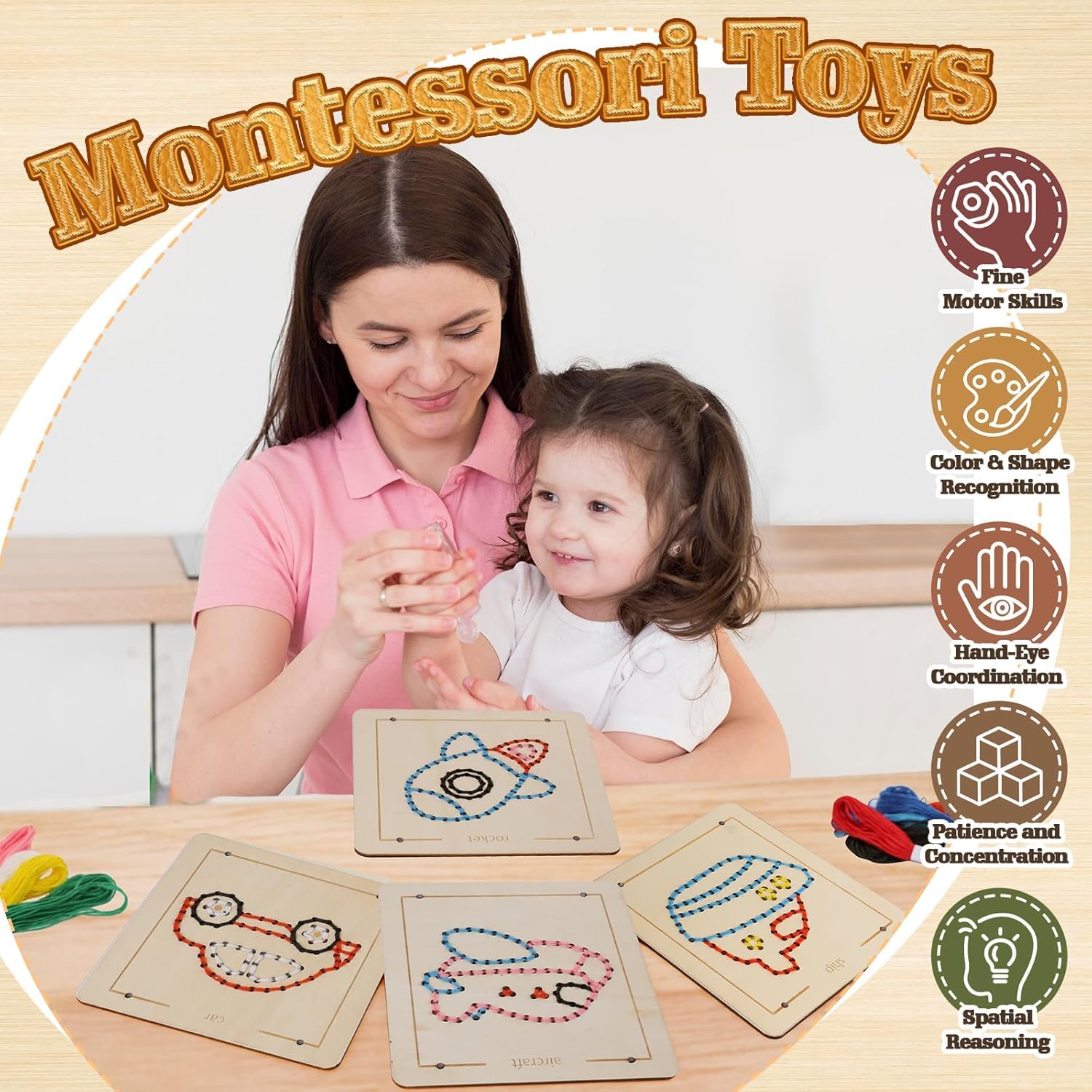 4 Pcs Montessori Wooden Lacing Toys for Kids | Sewing Board Fine Motor Skills Toy