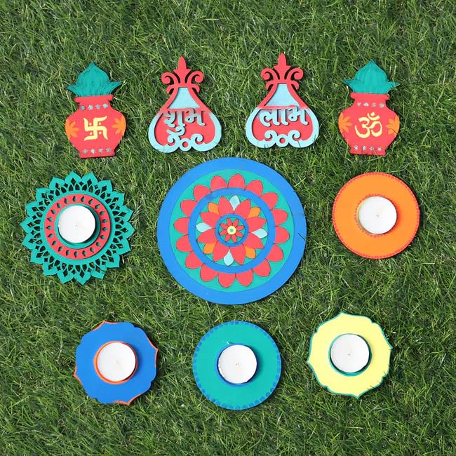 10 Pcs Wooden DIY Diwali Decoration Kit – 6 Inch Rangoli, 4 Inch Subh Labh, Kalash, Candle Holder