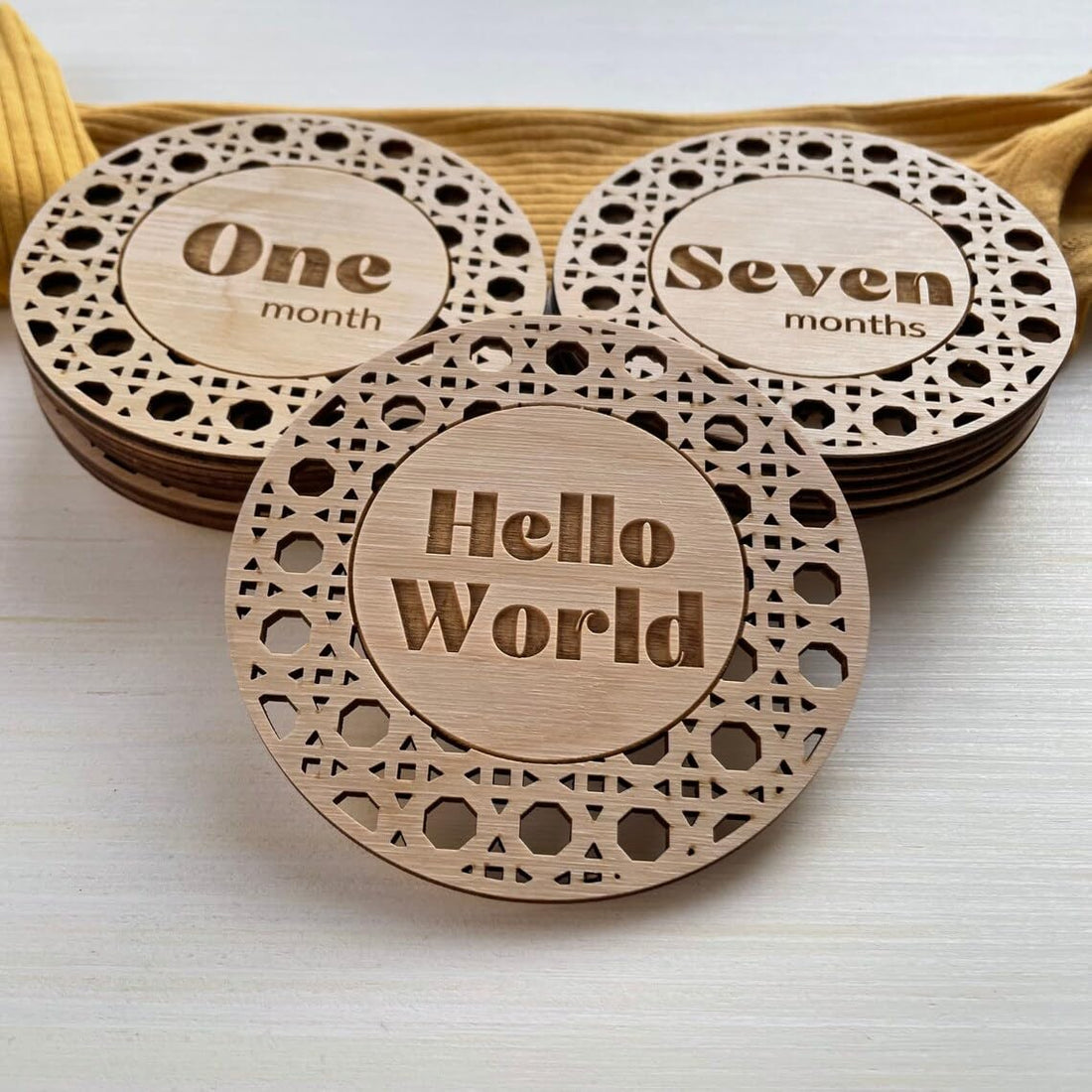 Pack of 14 Boho Baby Monthly Milestone Cards, Wooden Photo Props