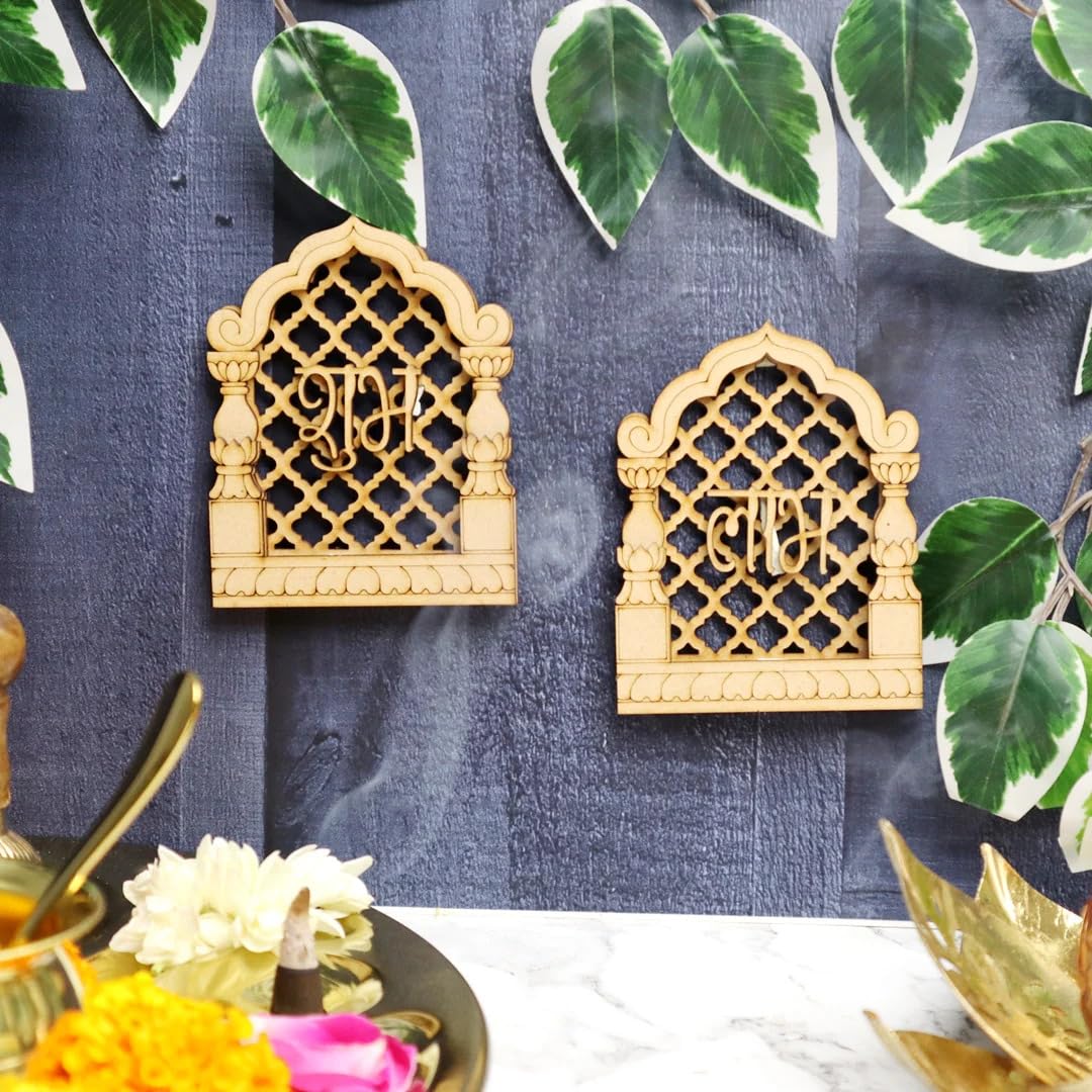 Pair of 6 Wooden Shubh Labh for Diwali Decor – 6 Shubh 6 Labh MDF Cutouts Wall Hanging Pooja Festival Decoration, 4x3.15 Inch