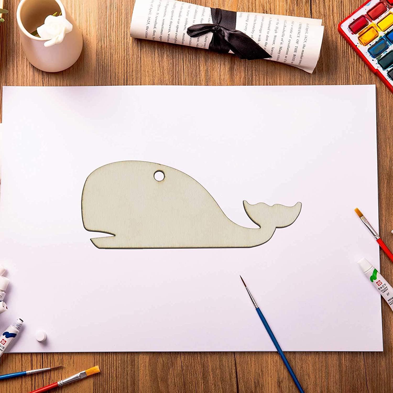 Haoser Kids Crafts 12 pcs Sea Animals Wood DIY Crafts Cutouts Wooden Whale Shaped Hanging Ornaments with Twines Gift Tags for DIY Projects Ocean Theme Party Decorations, Kids - Haoser