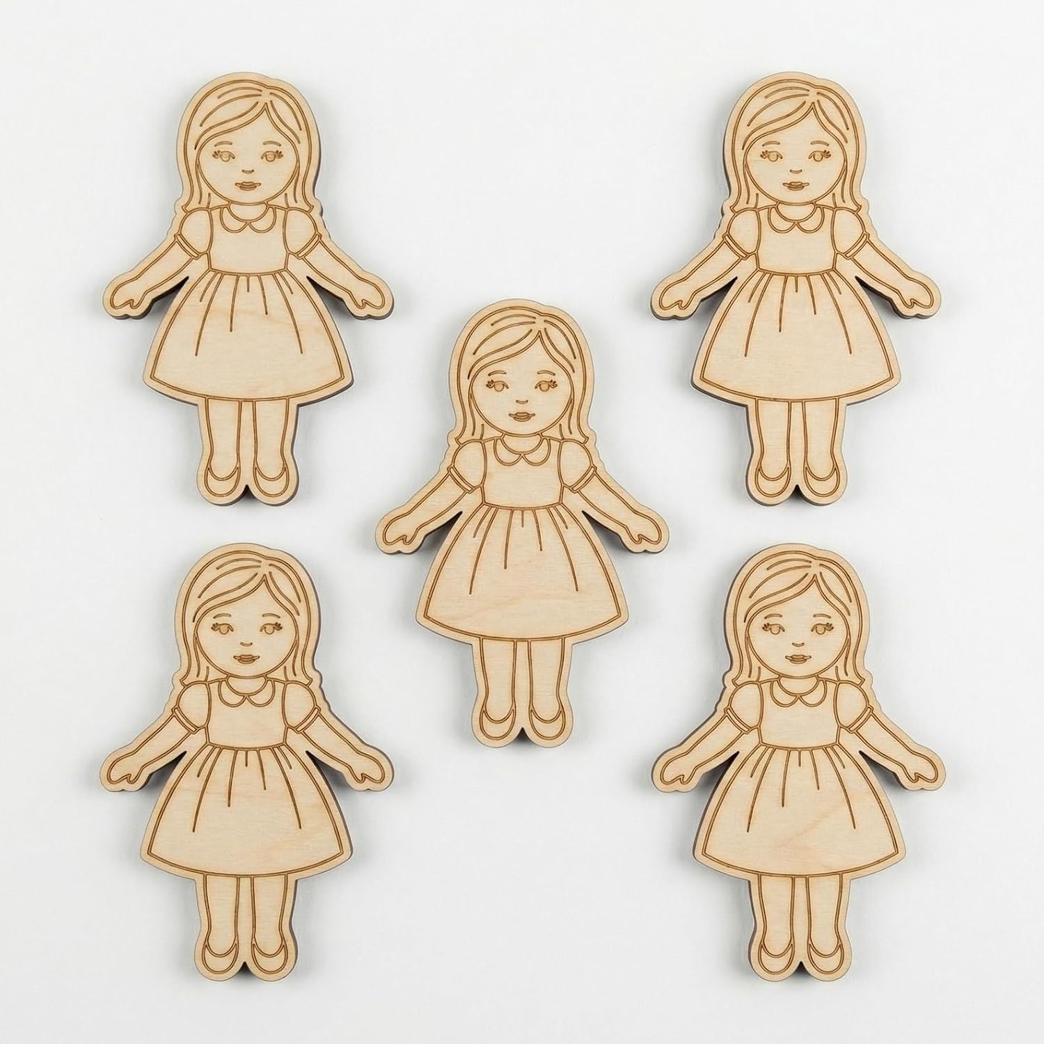 5 Pcs Wooden Girl Shape Cutouts for DIY Craft | Unfinished Doll Figure Silhouette for Painting