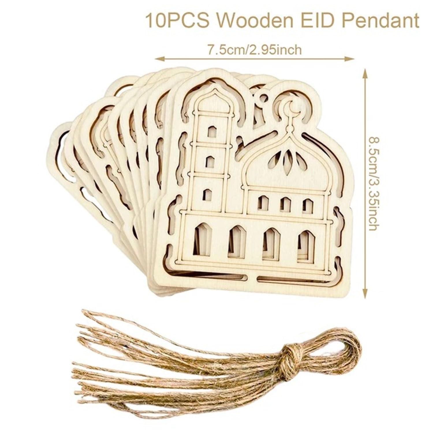 Haoser Set of 10 Eid Special Wooden Pendants, Islamic Festival Decorations, Crescent Moon and Star Design, Handcrafted Eid Mubarak Gifts, Wooden Eid Ornaments, Ramadan and Eid Home Decor - Haoser