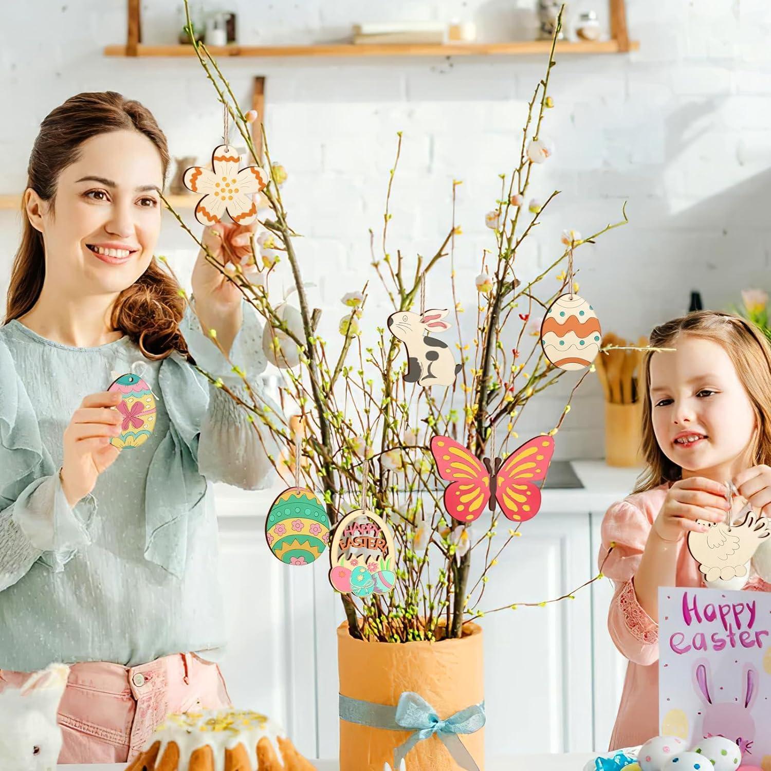 Haoser 18 PCS Wooden Easter Ornaments to Paint, 8 Styles DIY Blank Unfinished Wood Cutouts Ornament for Crafts Hanging Decorations, Egg Rabbit Bunny Butterfly Flower Hen Happy - Haoser