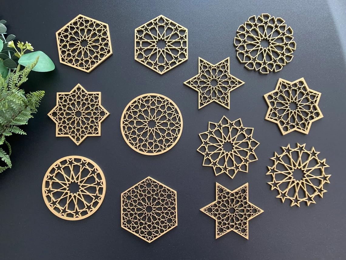 Ramadan Decoration Pack of 12 | Eid Mubarak Star Ornaments | Pine MDF Islamic Wall & Table Decor | Ramadan Kareem Housewarming Gift | Muslim Home Décor | 6 Inch |