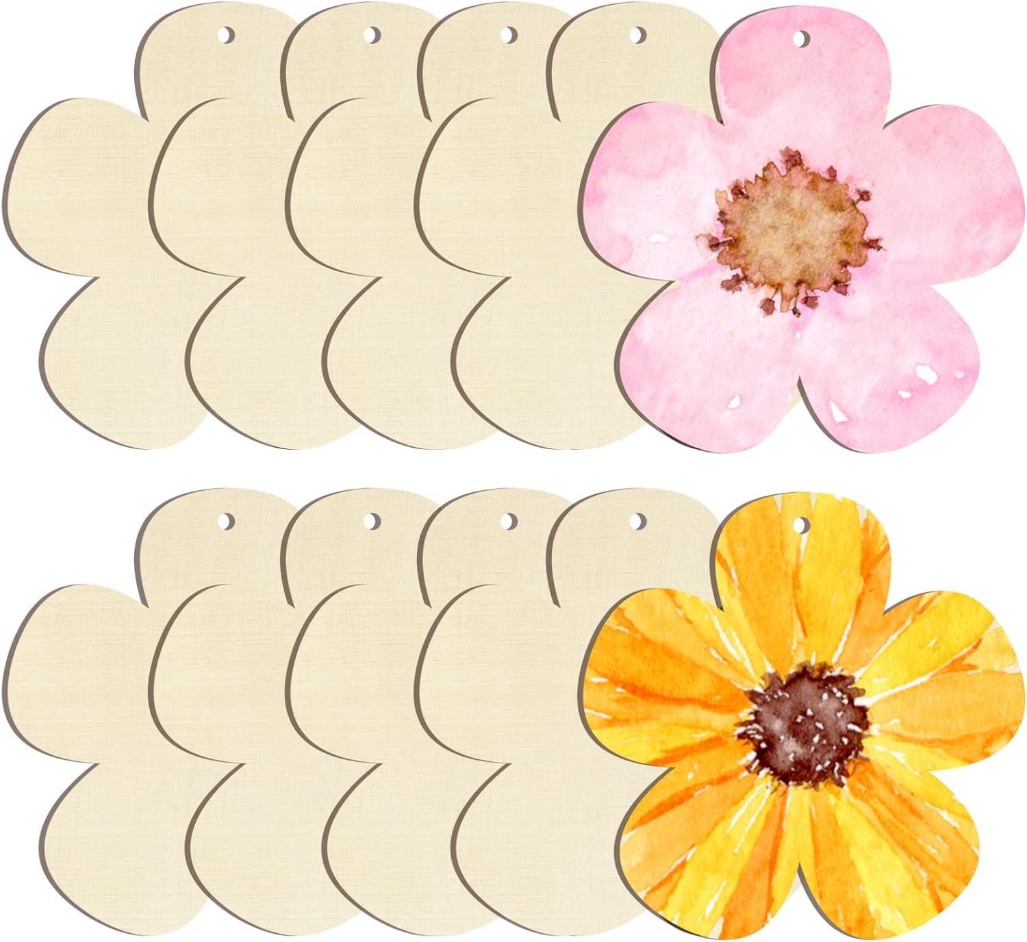 Curious Button 5 Pieces Unfinished Wooden Flower Style Hanging Ornament for DIY Home Decoration, MDF Cutouts, Perfect Wooden Cutouts for Home Decor, Charming Wooden Hanging Ornaments (5.2x5.3IN) - Haoser