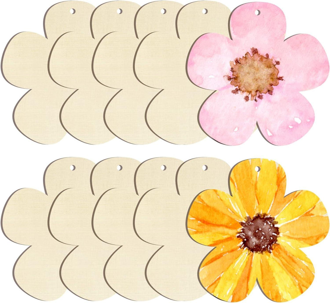 Curious Button 5 Pieces Unfinished Wooden Flower Style Hanging Ornament for DIY Home Decoration, MDF Cutouts, Perfect Wooden Cutouts for Home Decor, Charming Wooden Hanging Ornaments (5.2x5.3IN) - Haoser