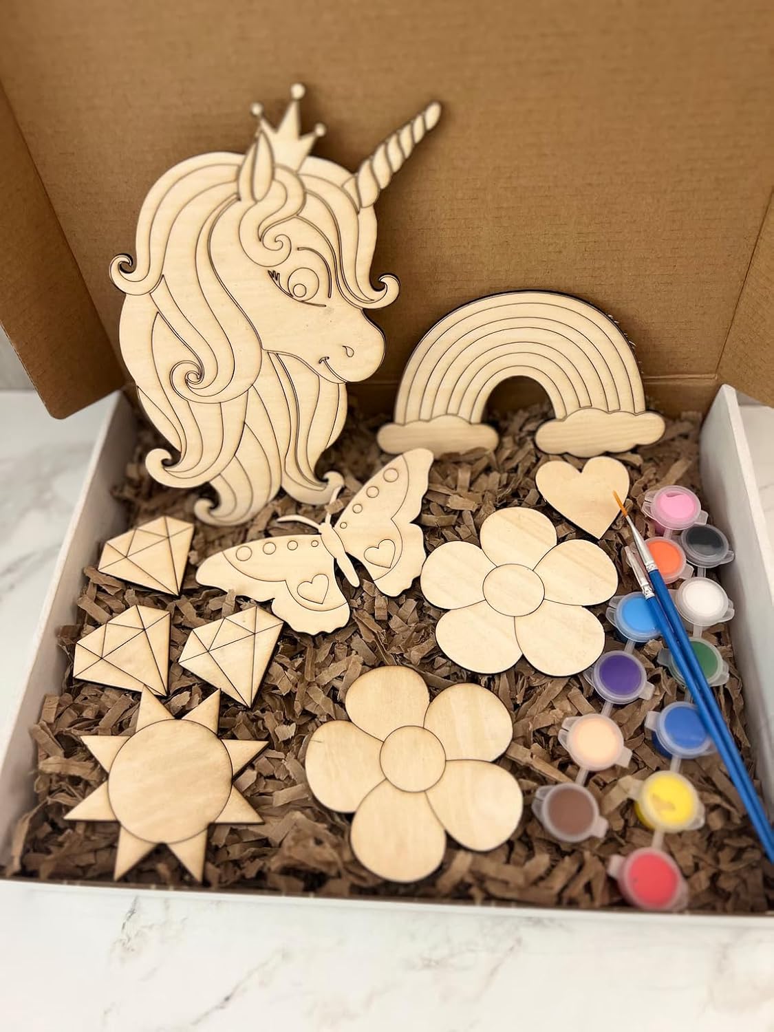 10 Pcs DIY Paint Kit for Kids – Unicorn Rainbow Craft Set – 2-4 Inch Wood Shapes