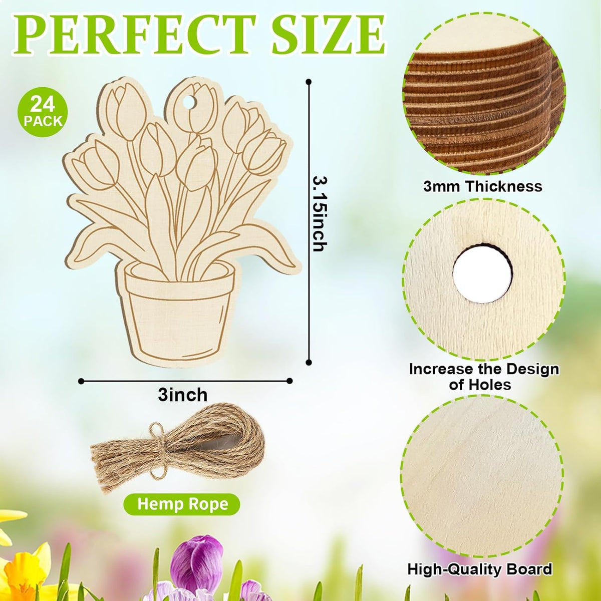 24 PCS Wooden Easter Ornaments for DIY Craft | 3.5 Inch Spring Cutouts