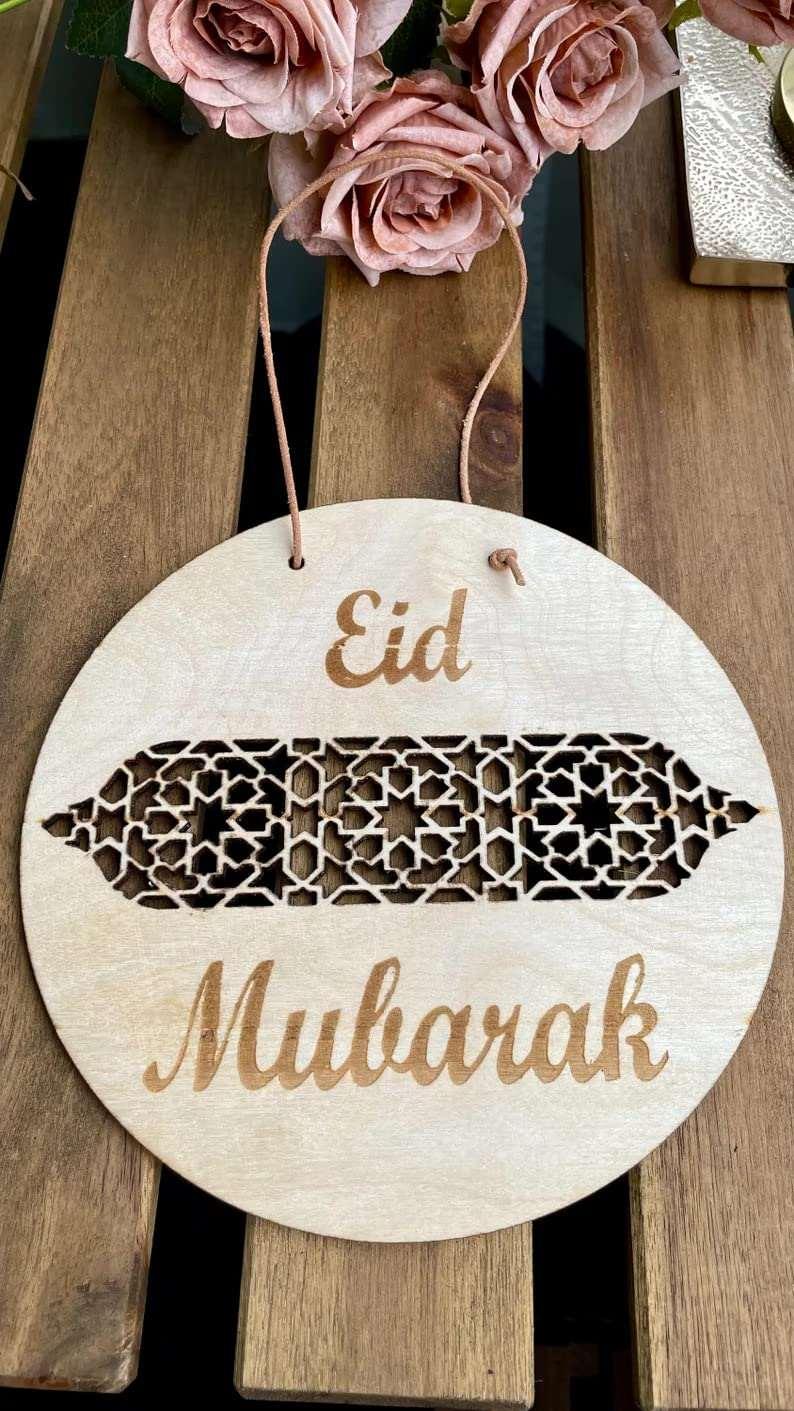 Haoser 2 Pices Mubarak Decoration- Wooden Ramadan Kareem Door Sign- Round, Door Hanging Sign Islam Mubarak Wood Wall Pendant for Muslim Home Room Happy Ramadan Mubarak Party Supplies - Haoser
