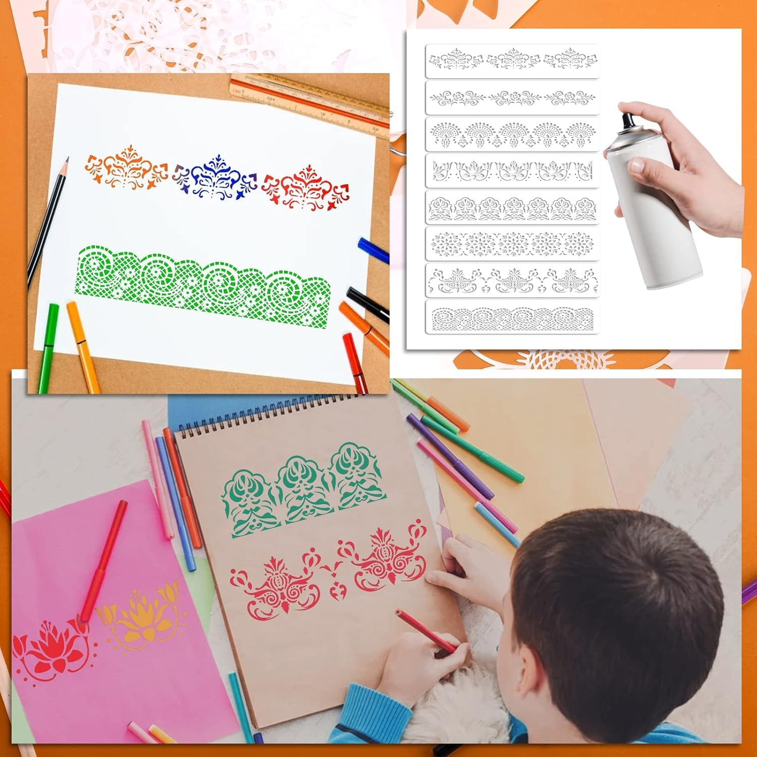 8 Pcs Flower Border Stencils – Ornate Mandala Stencil Set for Painting