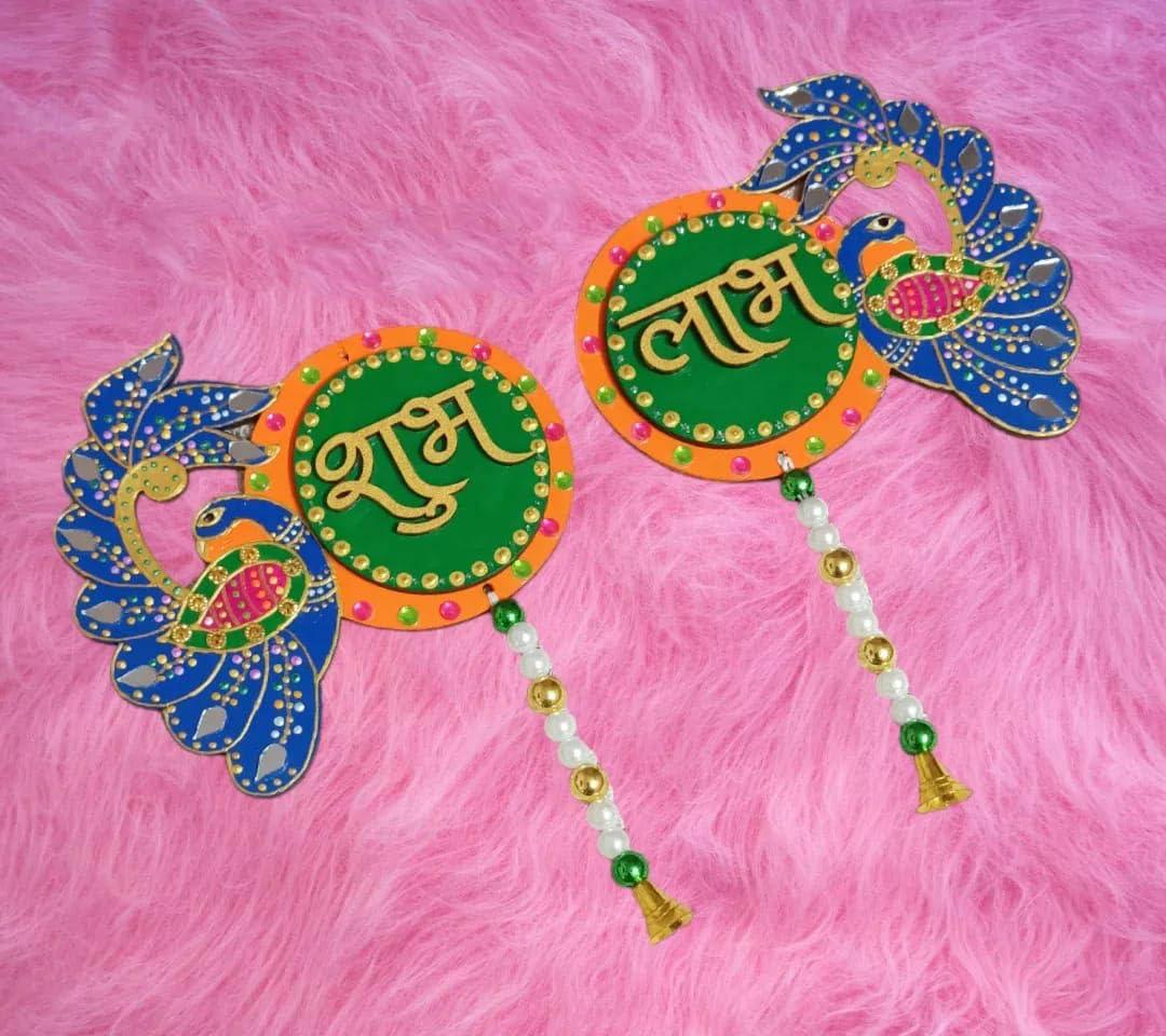 Haoser Peacock 1Style Shubh Labh for Home Decoration, Unfinished Wooden Shub Labh Cutouts for Diwali, Wedding, Parties, and Special Occasions, Wooden Shub Labh for Painting DIY Crafts - Haoser