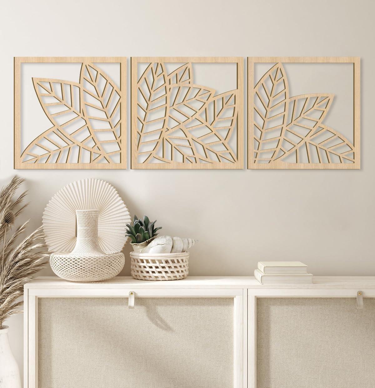 Curious Button Unfinished Wooden Leaf Wooden Art Decor for Living Room Decor, Beautiful Leaf Design Pack of 3 Wooden Wall Panel for Home Decor, Office Decor (29cm) - Haoser