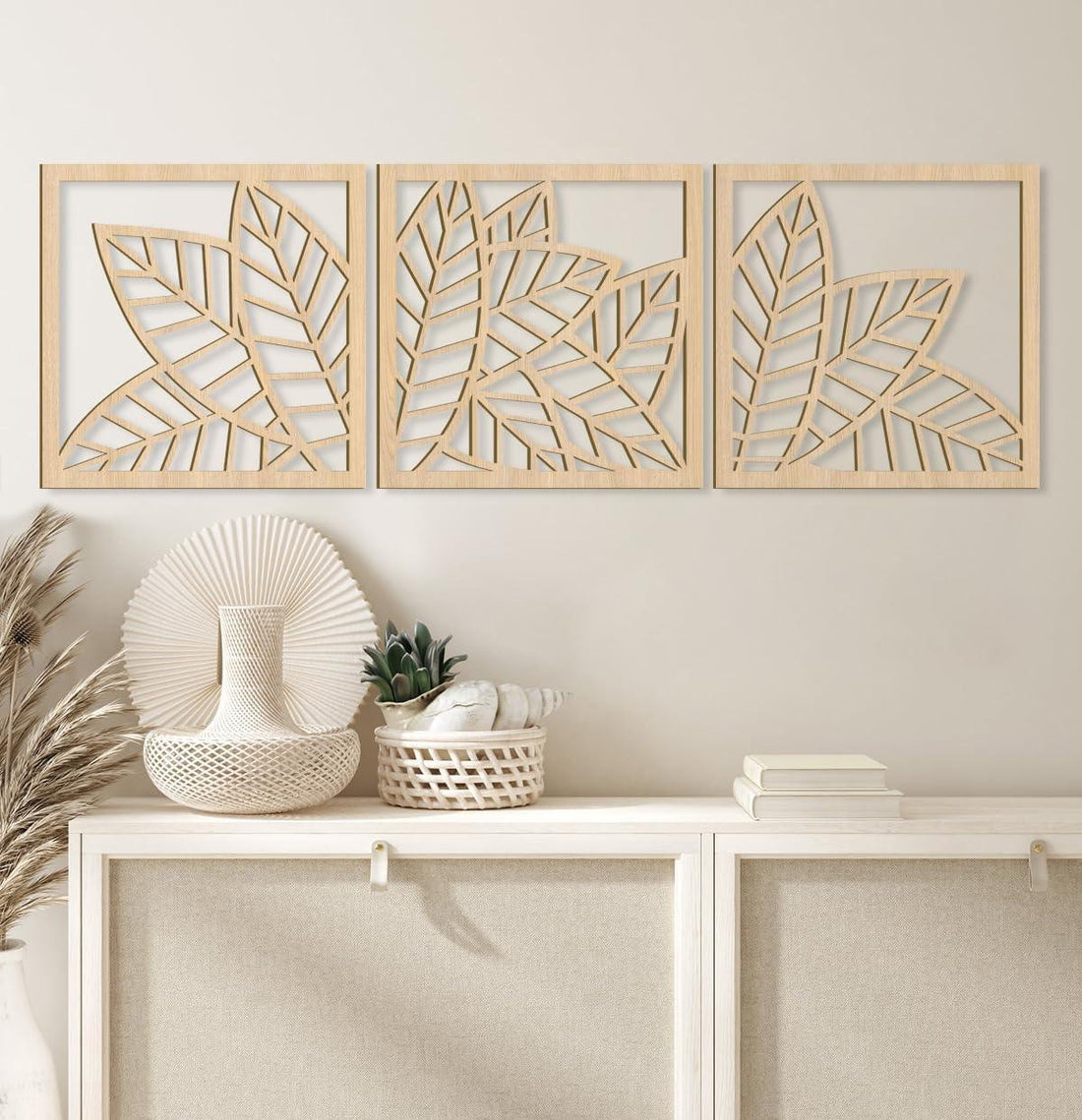 Curious Button Unfinished Wooden Leaf Wooden Art Decor for Living Room Decor, Beautiful Leaf Design Pack of 3 Wooden Wall Panel for Home Decor, Office Decor (29cm) - Haoser