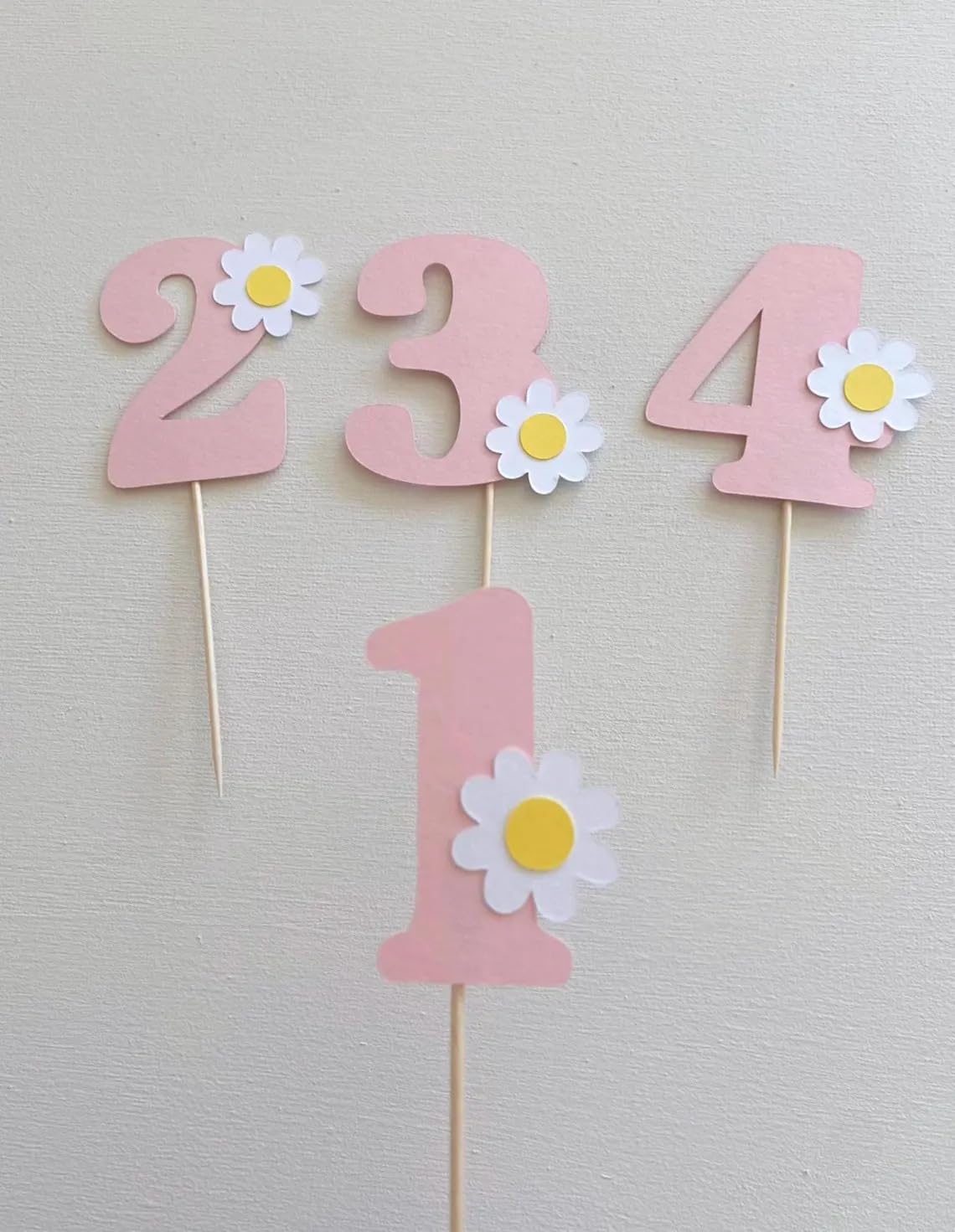 Pack of 4 Daisy Number Cake Toppers for 1st Birthday | Pink Pastel Flower Cupcake Topper Paper 2.3 Inch Number | Floral Age Cake Decoration | Paper Topper for Baby Party