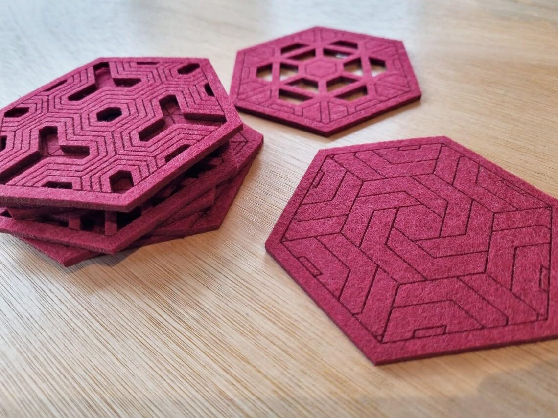 Geometric Felt Coasters – Set of 9 Red Hexagonal Felt Coasters | 4 Inch, Modern Drink Coasters for Table Decor & Furniture Surface Protectio