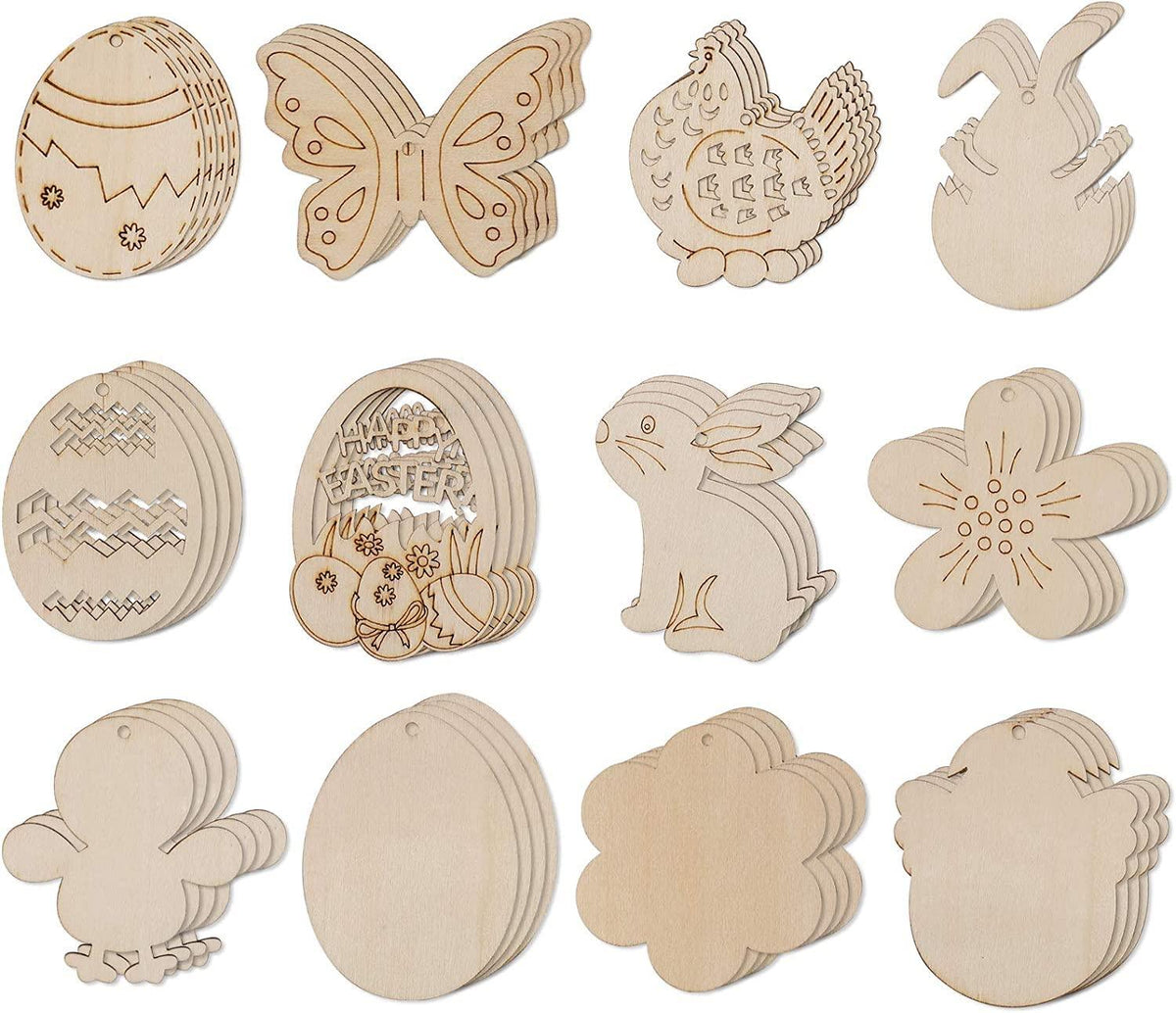 Haoser 12PCS Easter Wood Cutouts for Crafts Easter Unfinished Ornaments DIY with Bunny to Paint for Kids Easter Party Decorations Decor Hanging Egg Shapes with Hole. - Haoser