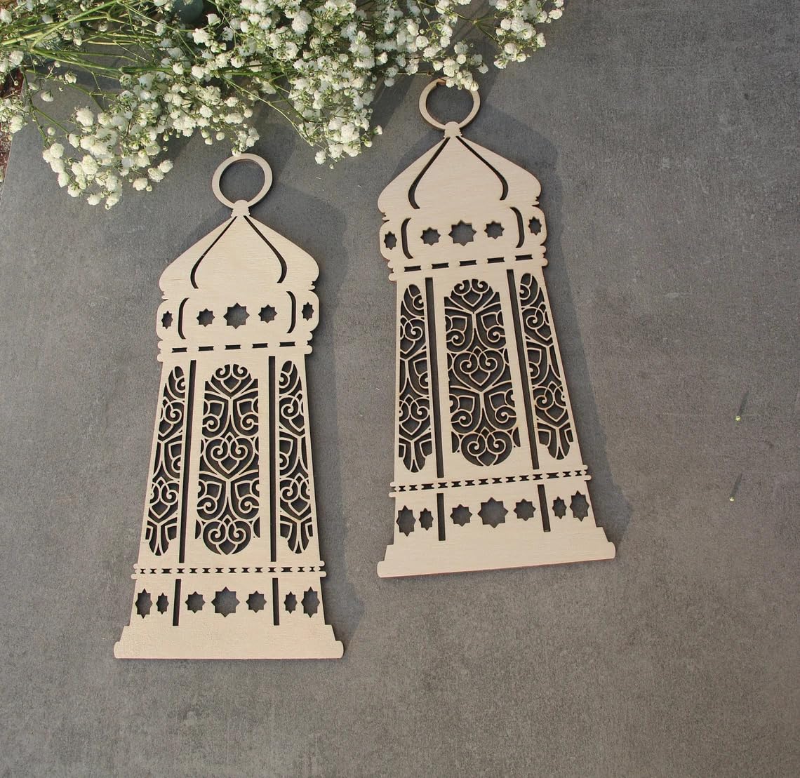 Curious Button Pack of 2 pcs Ramadan Mubarak Lantern Laser Cut Wood Ramadan lamp Ramadan Decor Ramadan Wall Decors Mubarak Ramadan Islamic Gift Islamic Wood Lantern