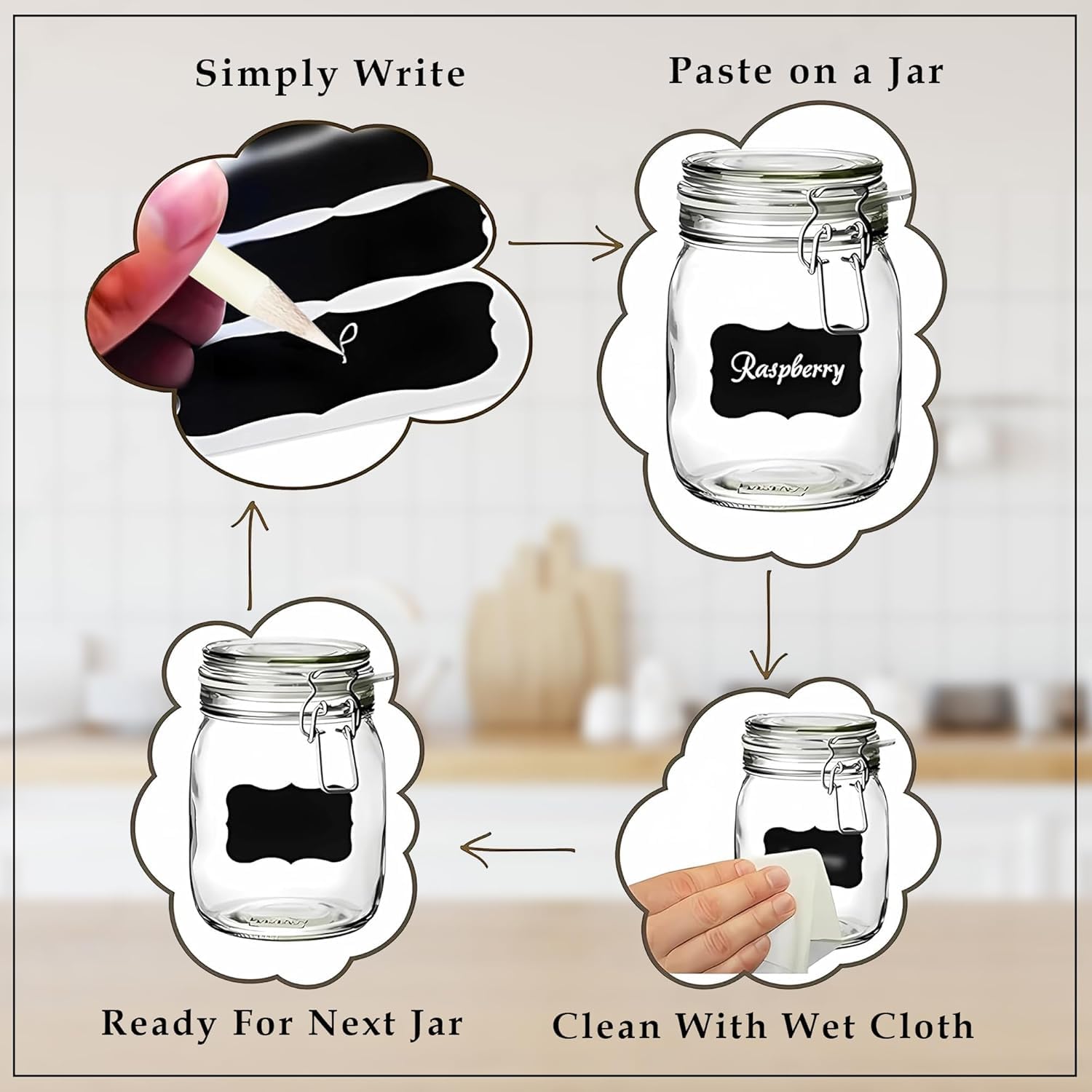 50 Pcs Waterproof Vinyl Black Label Stickers for Mason Jars, Glass & Plastic Bottles | 6x3 Inch Stickers with 1 White Chalk Pencil | Self-Adhesive Spice Pantry Labels