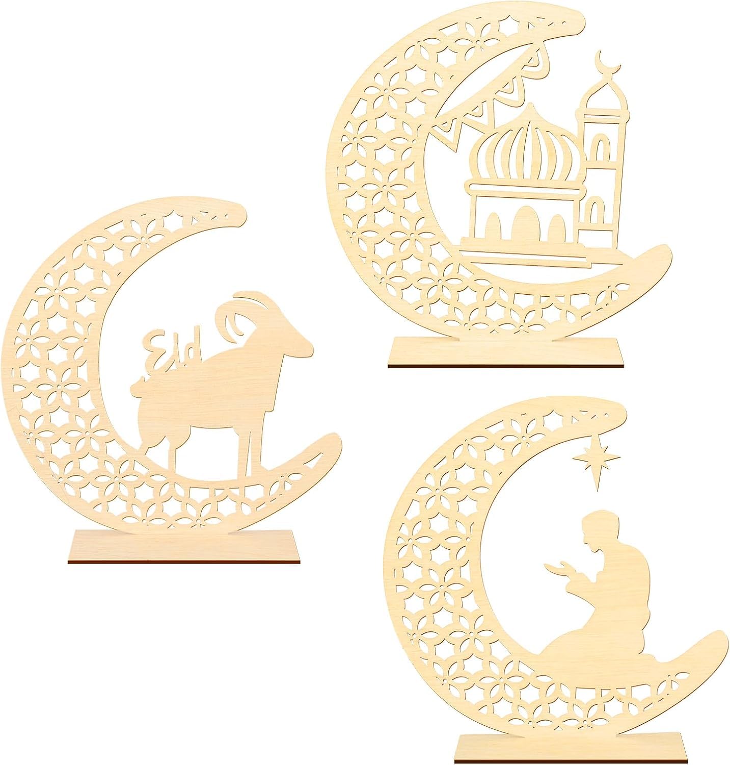 Eid Mubarak Wooden Ornaments – Ramadan Kareem 3D Hollow Moon & Star MDF Decor