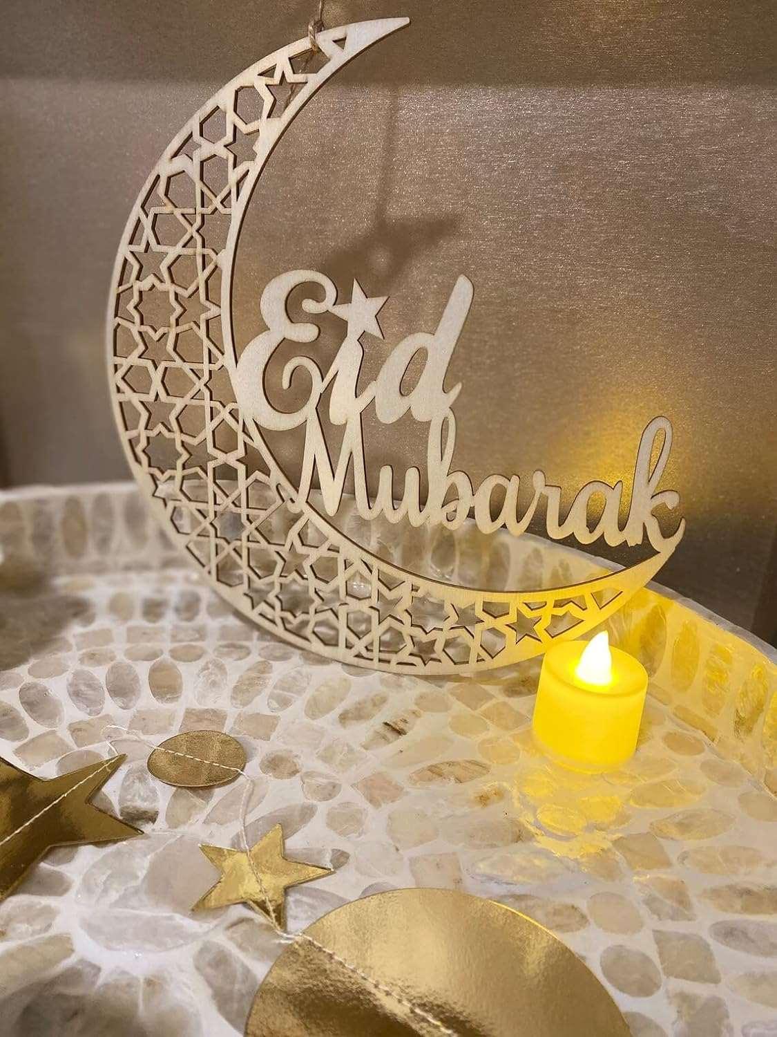 Haoser 12 Inches Hight Ramadan Decoration- Wooden Decoration- Eid Mubarak Wooden Laser Cutout Hanging Decor - Haoser