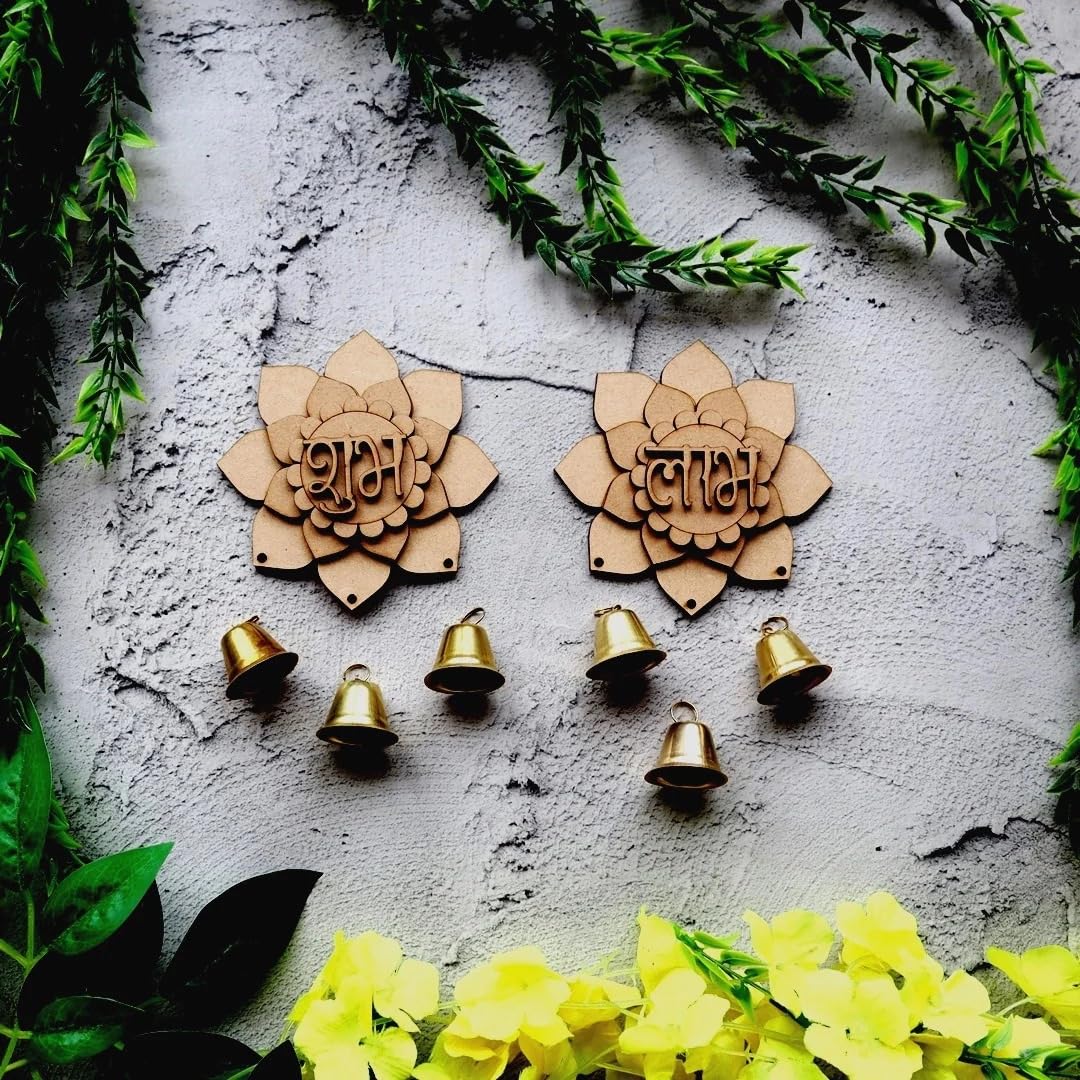 Pair of 6 MDF Hanging Shubh Labh for Diwali Decoration – 2 Layered, 6 Shubh 6 Labh Door Hanging Cutouts for Home Pooja Temple Decor 4x3.15 Inch