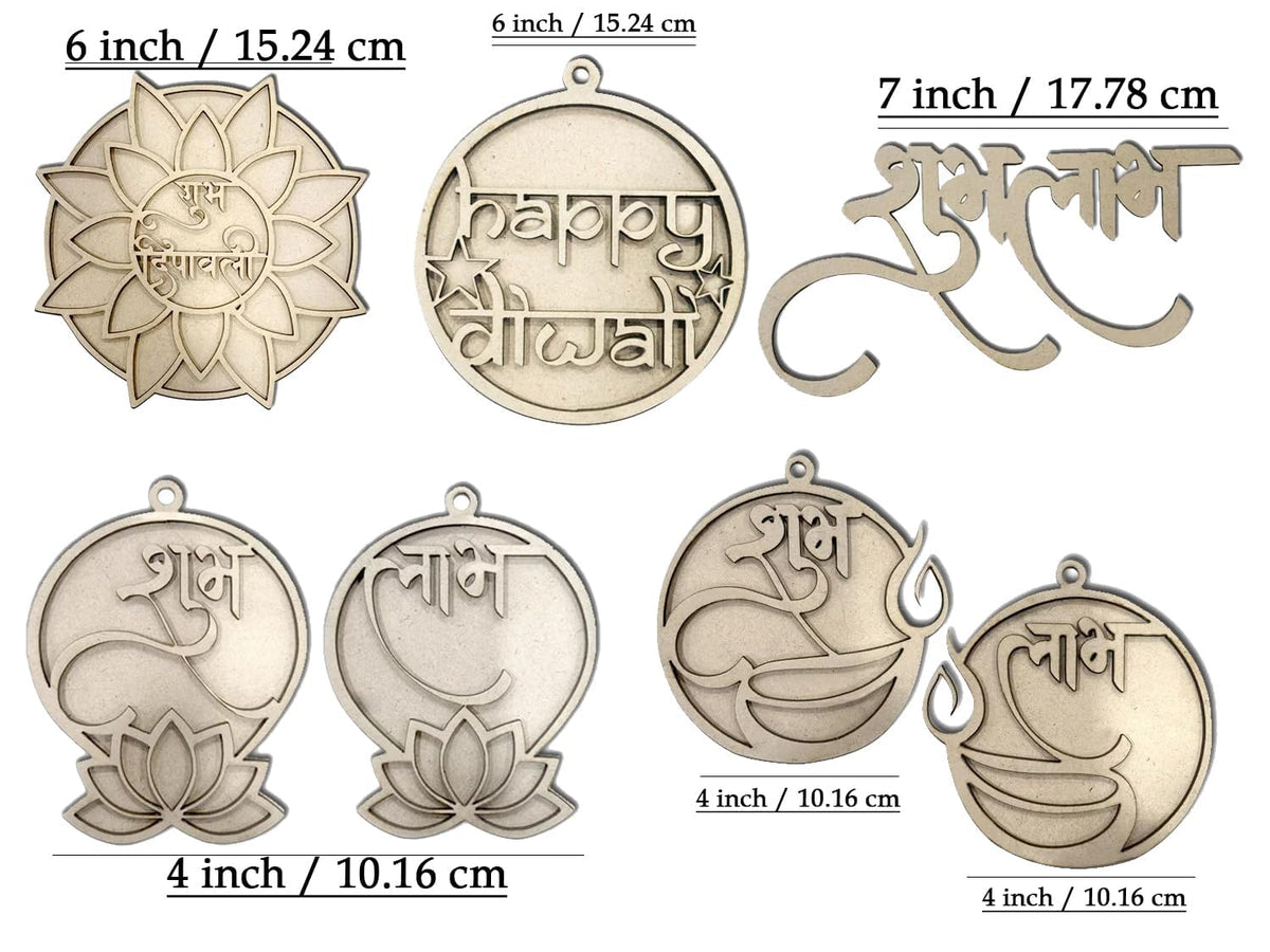 Wooden MDF Diwali Hanging Decorations – Set of 5 | 17.8x17.8 cm Festive Wall Hanging Cutouts | Shubh Labh Happy Diwali Ornaments | DIY Craft for Pooja, Home Decor