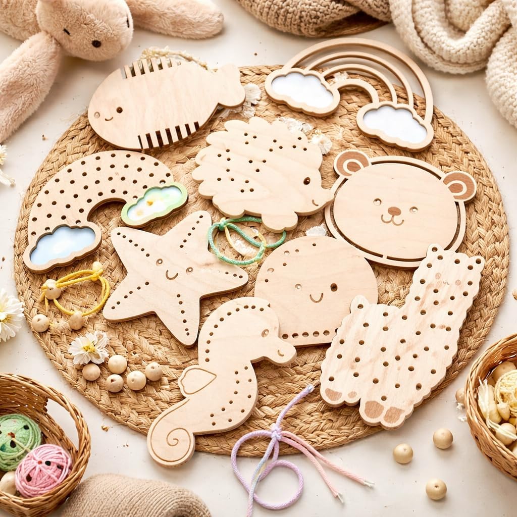 Set of 9 Wooden Lacing Toys for Kids | Animal Stringing Beadsv