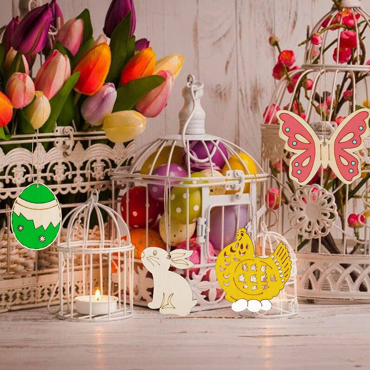 Haoser 12PCS Easter Wood Cutouts for Crafts Easter Unfinished Ornaments DIY with Bunny to Paint for Kids Easter Party Decorations Decor Hanging Egg Shapes with Hole. - Haoser