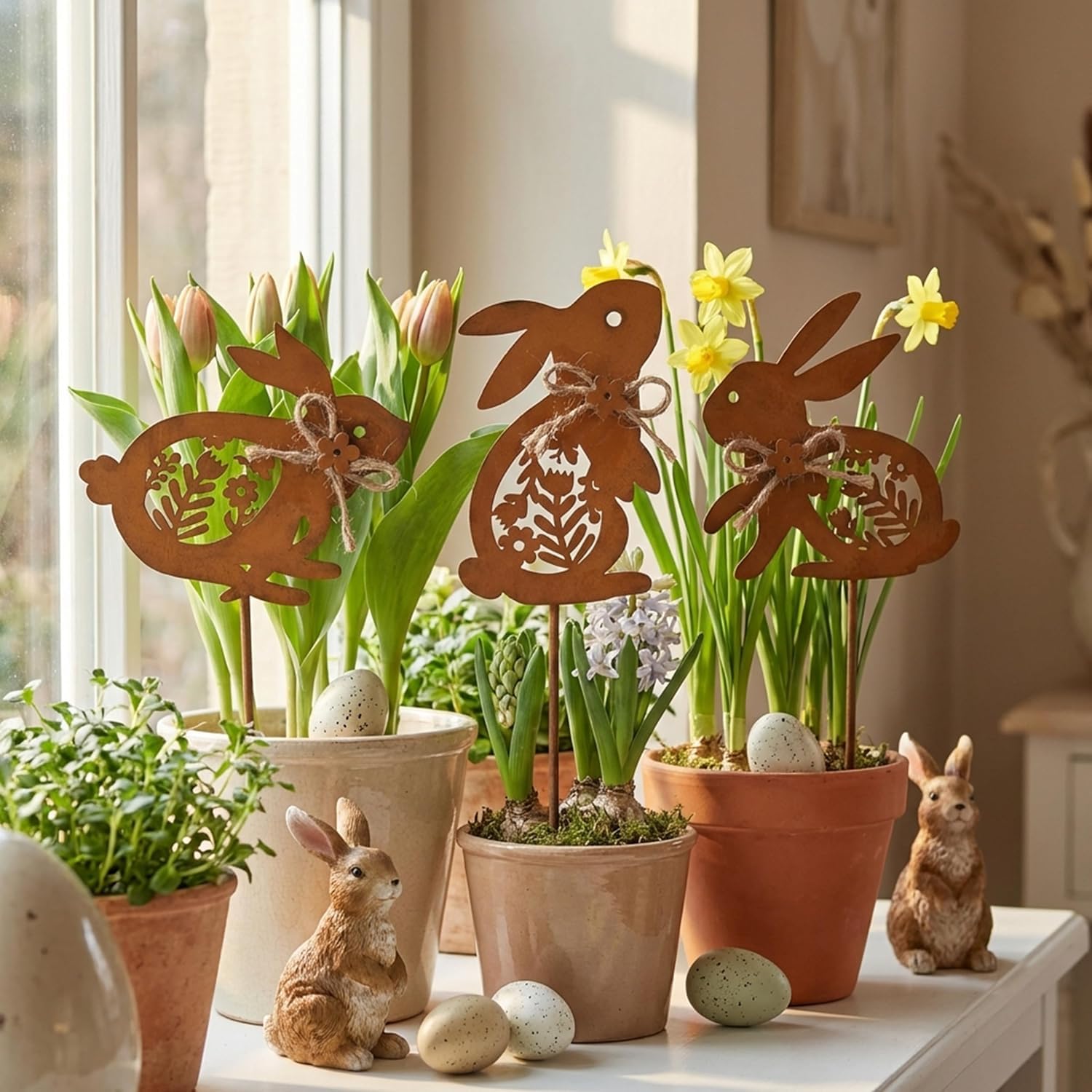 Pack of 6 Easter Bunny Garden Stakes Rust Look Rabbit Garden Decoration