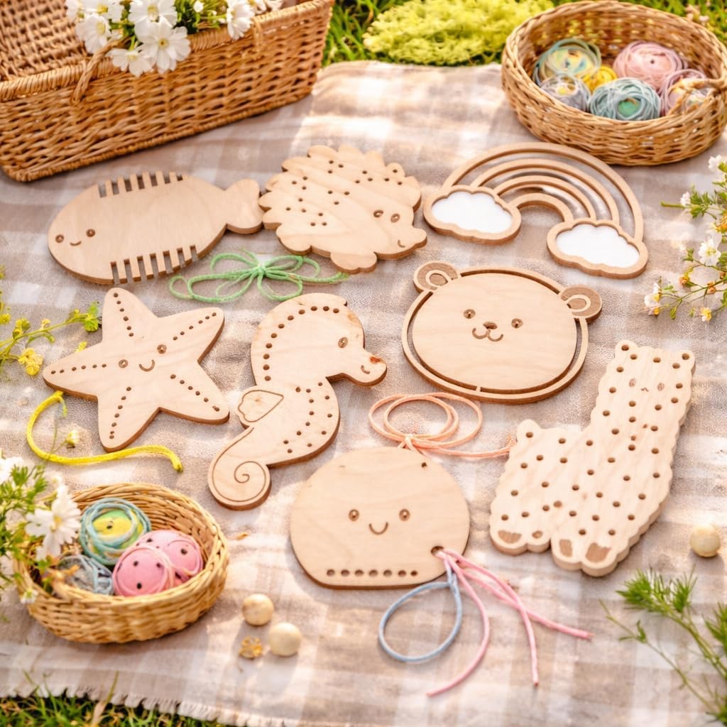 Set of 9 Wooden Lacing Toys for Kids | Animal Stringing Beadsv