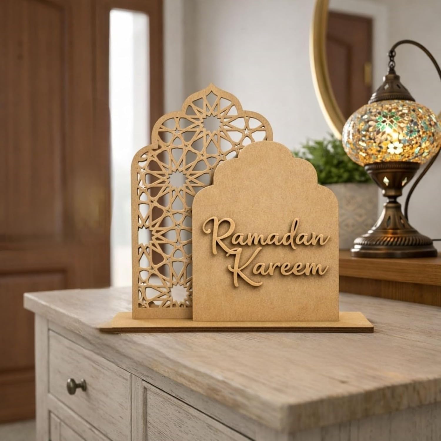 Wooden Ramadan Table Decor Mosque Theme | Islamic Eid Mubarak Wooden Tabletop Decoration