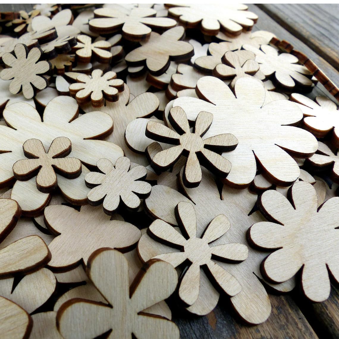 100 Pcs Small Wooden Flower & Daisy Craft Shapes – Unfinished Plywood Cutouts