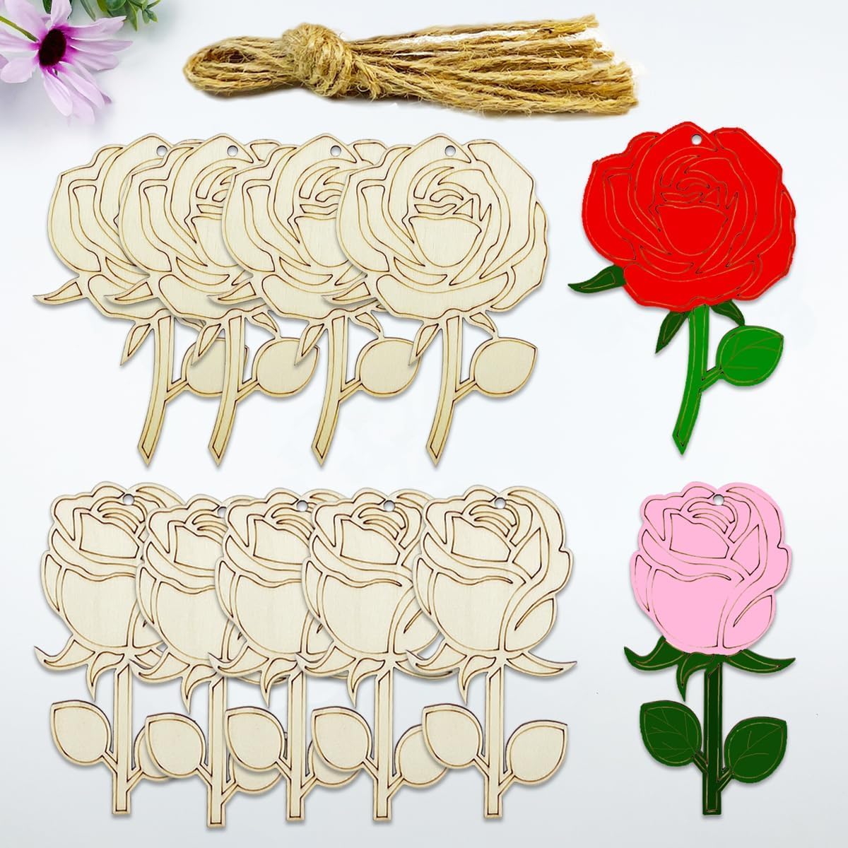 20 Pack Wooden Rose Cutouts for DIY Craft | 4 Inch Flower Shapes (2 Styles) | Unfinished Wood Rose Hanging