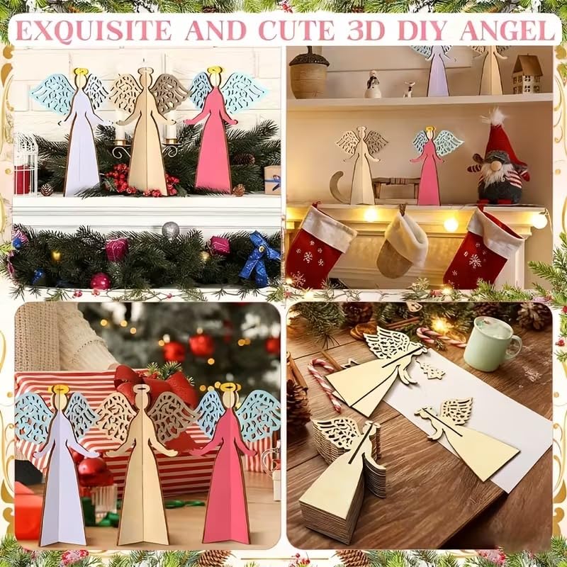 5 PCS Wooden 3D Angel Craft Set – DIY Paintable Christmas Figures with Intricate Wing Designs