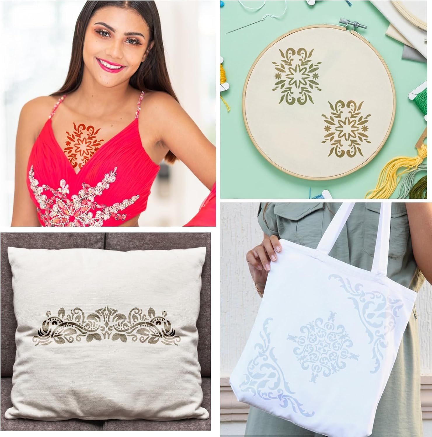 6 Pcs Stencils for Painting – Vintage Floral Border & Corner Reusable Damask Stencils for Painting