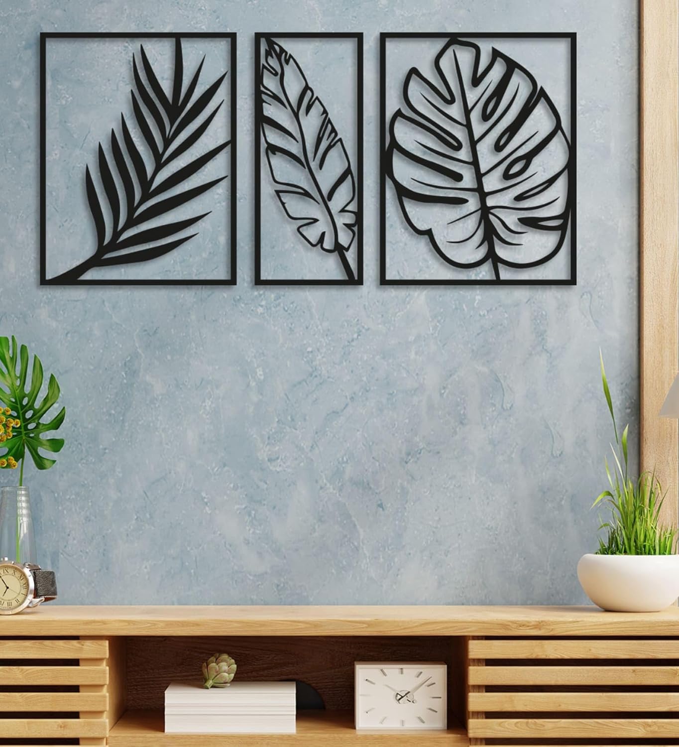 3 Pcs Black Leaves Wooden Wall Decor Panels | Modern Botanical Leaf Wall Art for Living Room