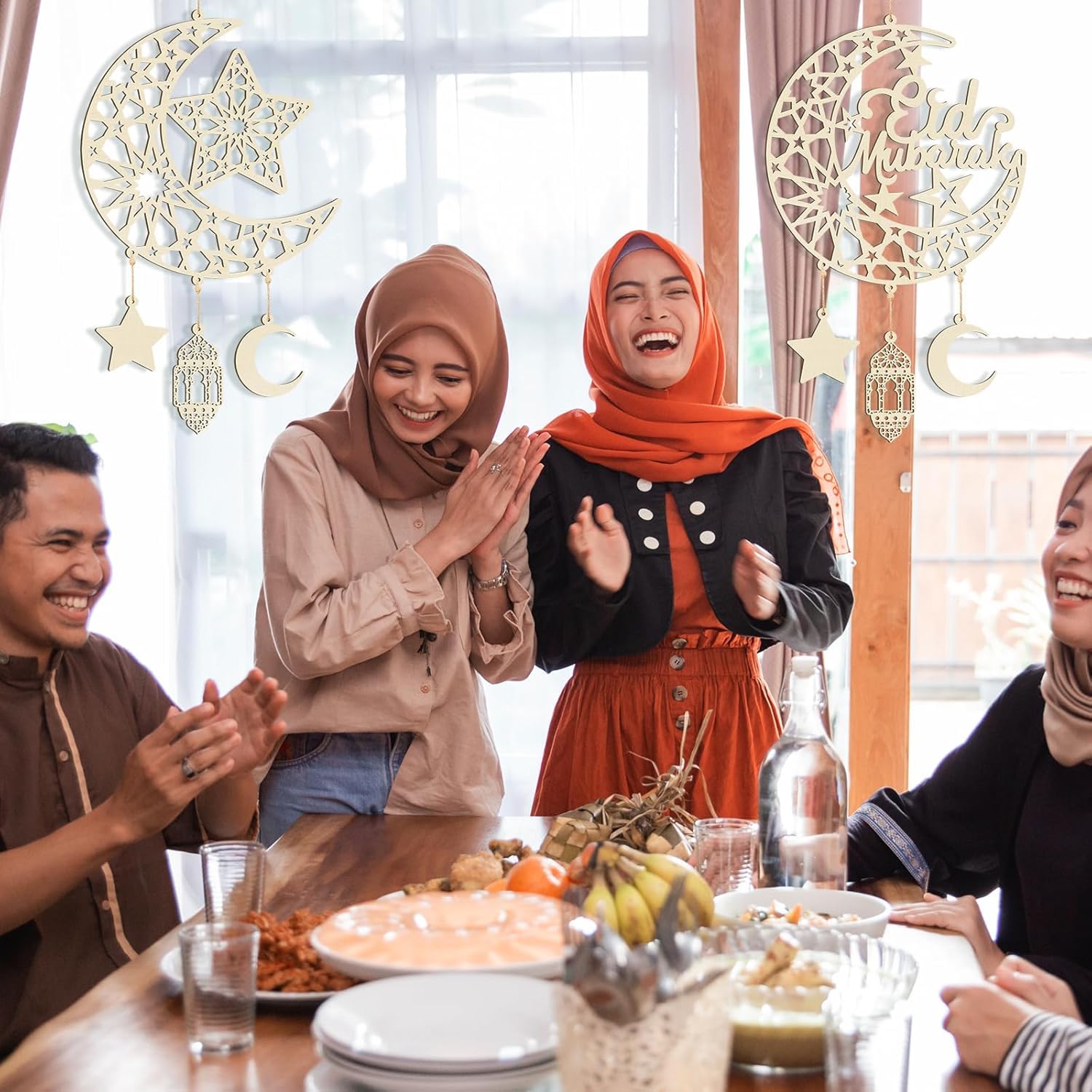 Curious Button Set of 2 Pieces Eid Mubarak Door Sign Wooden Hanging Signs, Ramadan Kareem Hollow Ornament Decorations Moon and Stars, Moon Shape Ramadan Mubarak Party.