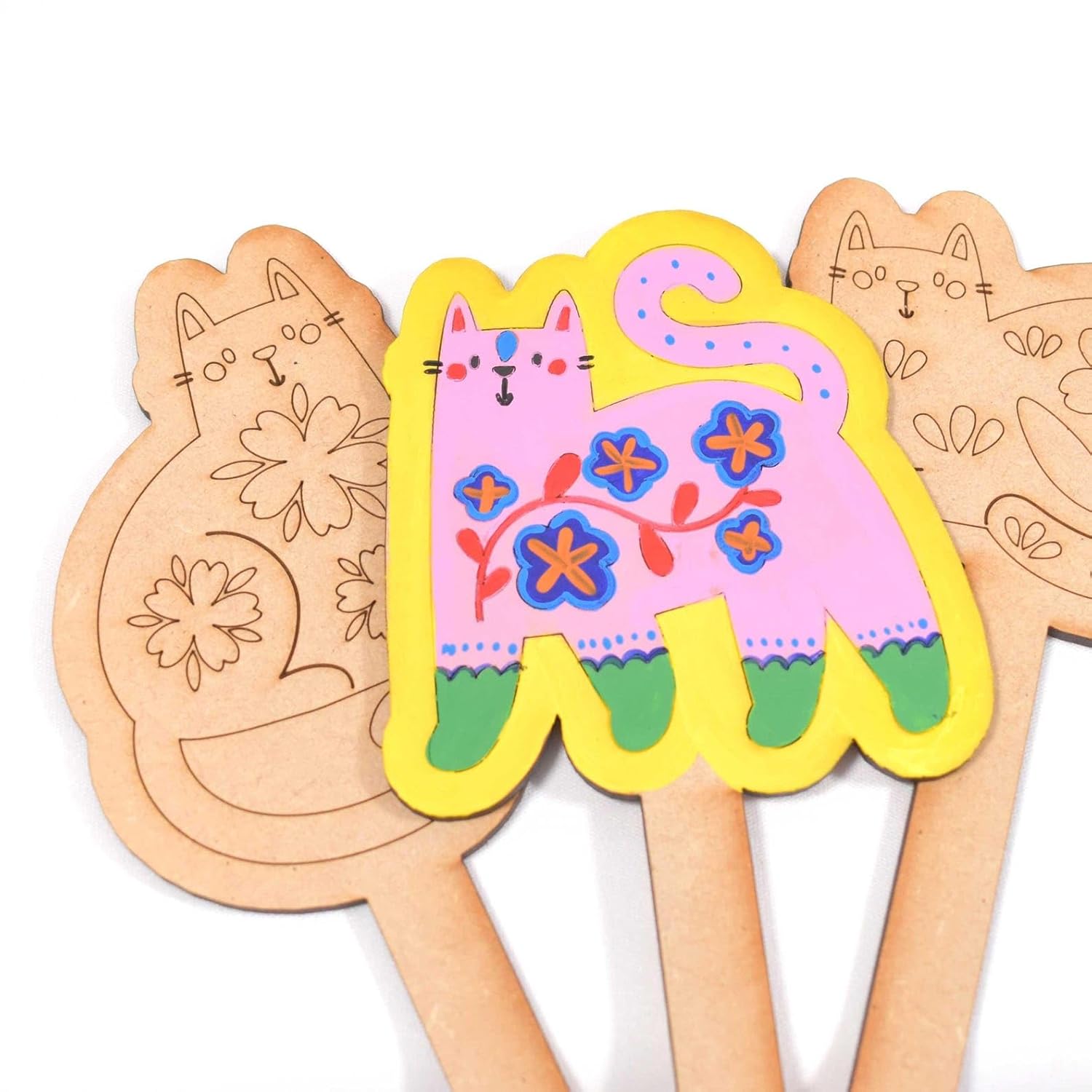 Set of 3 Cat Design MDF Wooden Plant Stake DIY Painting Kit