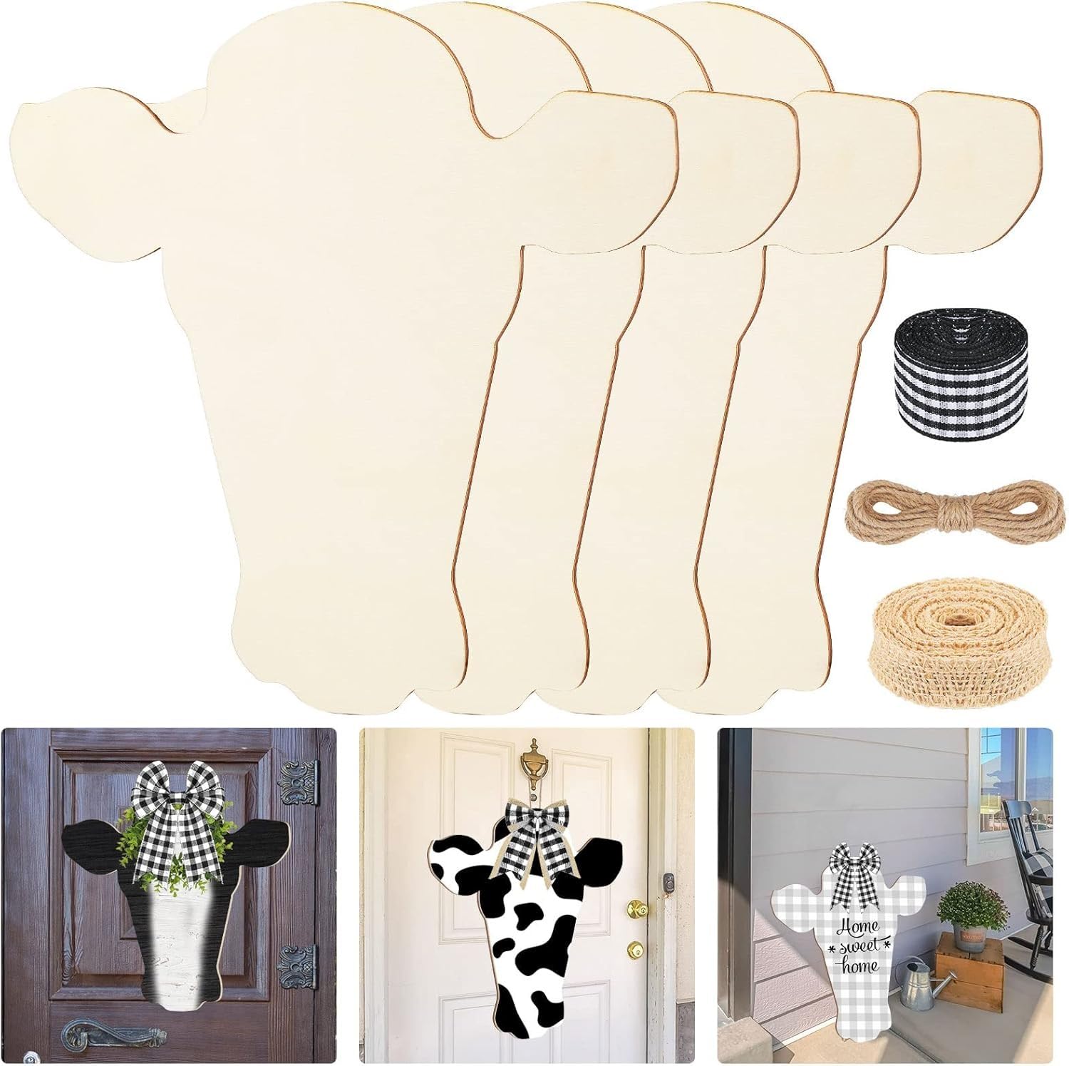 4 Pcs Cow Head Wooden Door Hanger Cutouts | Unfinished Farmhouse