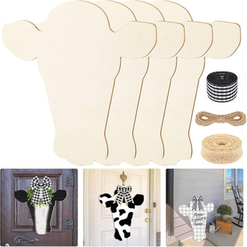 4 Pcs Cow Head Wooden Door Hanger Cutouts | Unfinished Farmhouse