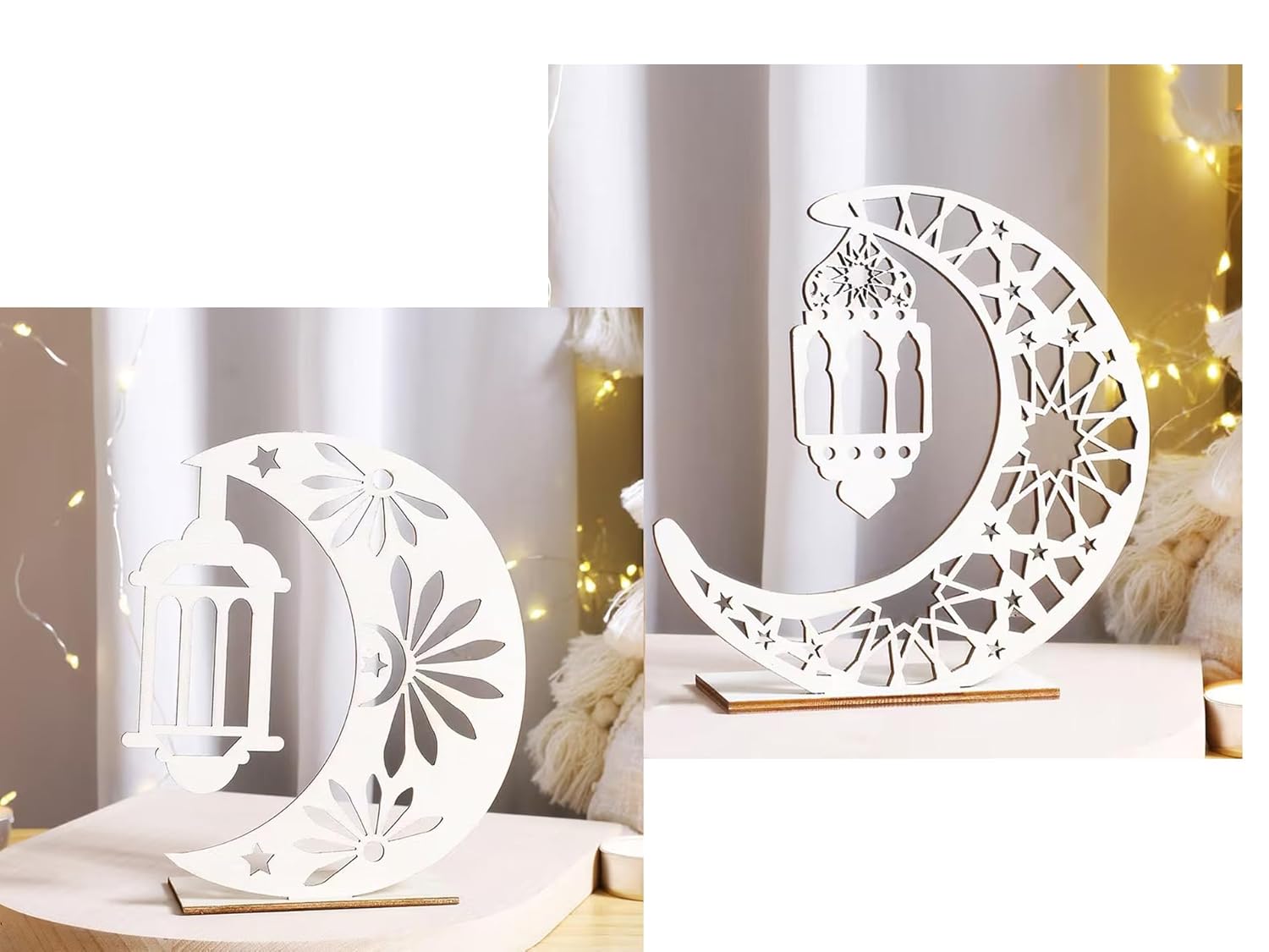 Ramadan Islamic Crescent Moon & Star Tabletop Decor | Wooden Lantern Style Ramadan Mubarak Sign