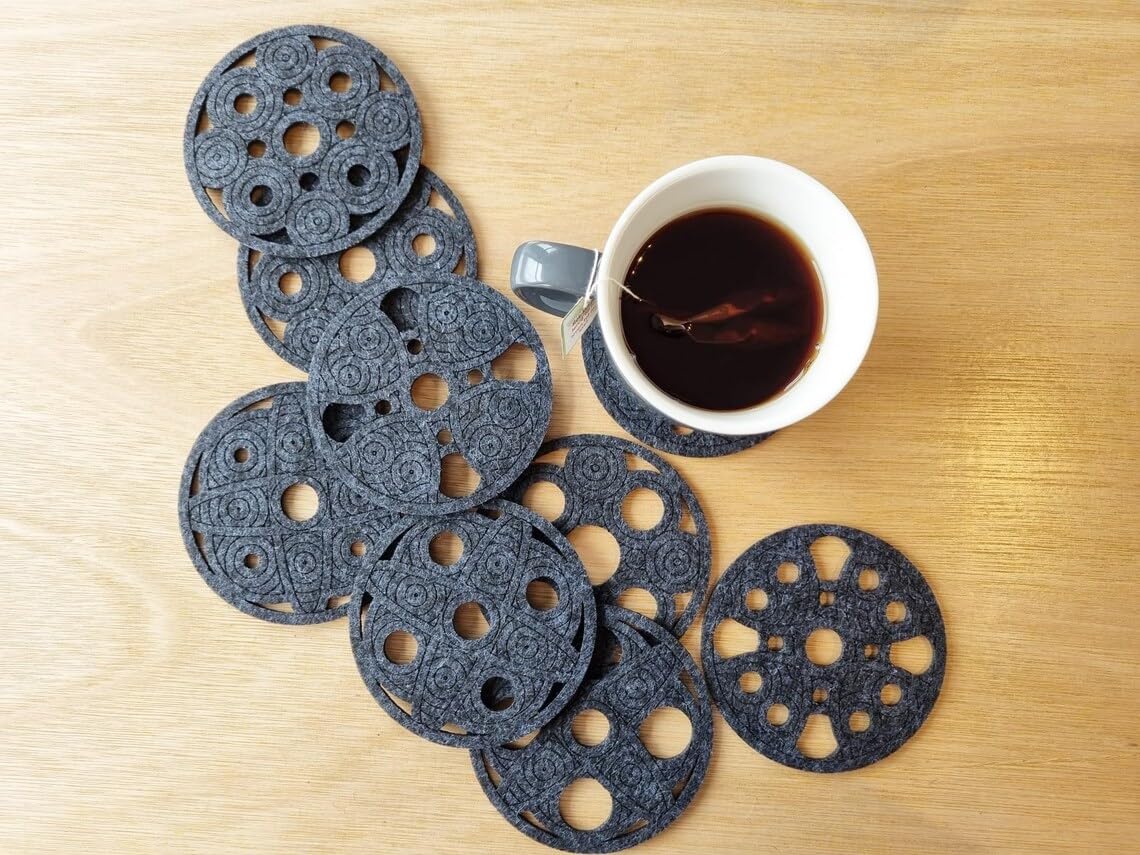 Set of 9 Geometric Felt Coasters – Gray | 4 Inch Round Laser-Cut Drink Coasters | Modern Table Decor & Surface Protection | Washable Felt Coaster Set