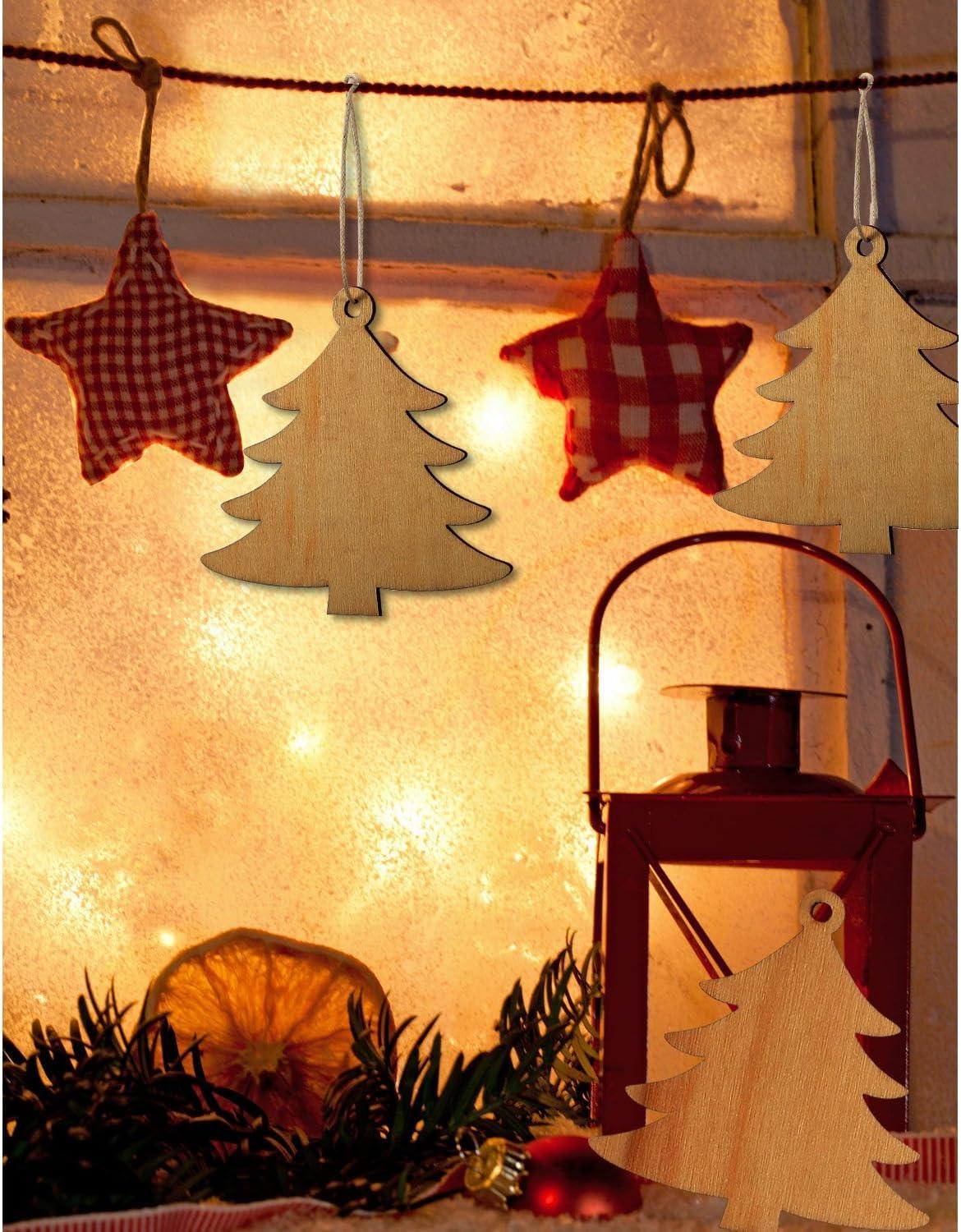Haoser 12 Pieces Wooden Christmas Tree Cutouts Crafts Embellishments Unfinished Christmas Tree Hanging Ornaments Blank Christmas Tree Wood Cutouts Slice - Haoser