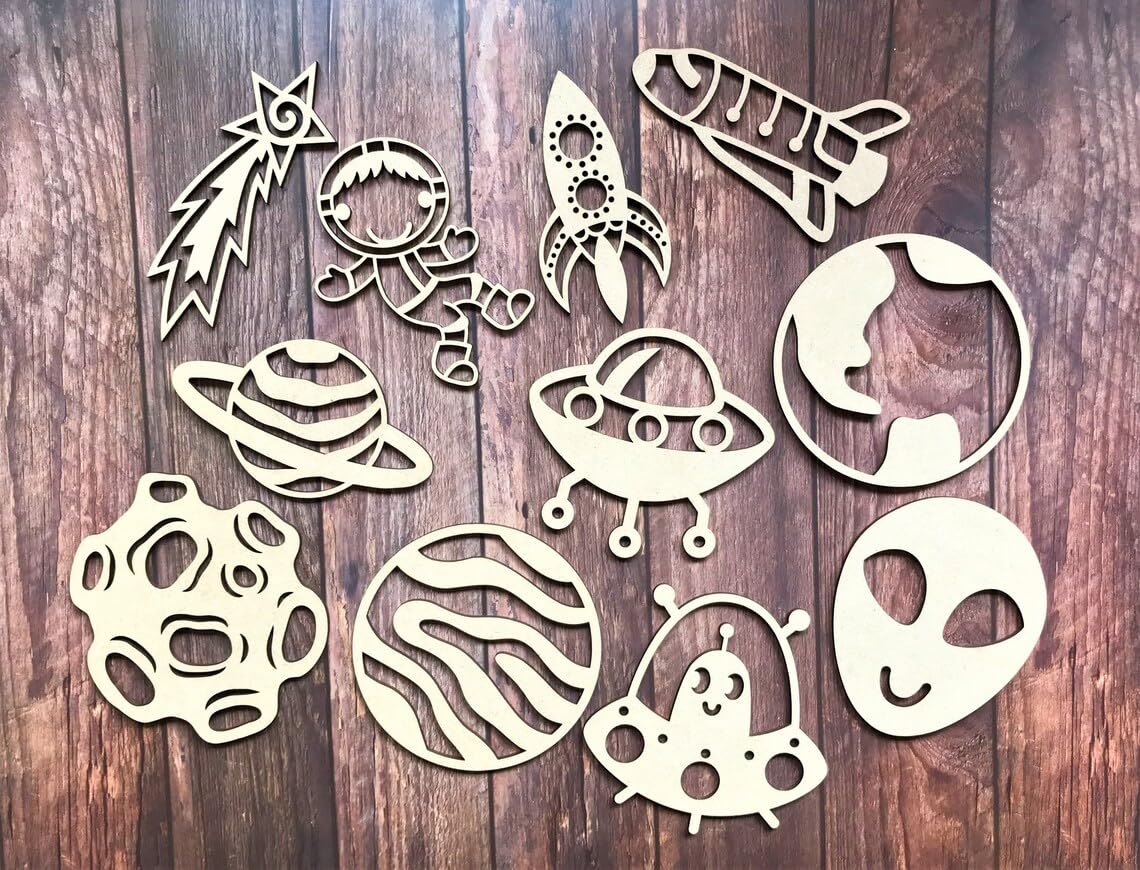 11 Pcs Wooden Space Planet Solar System Craft Shapes – Astronaut, Alien, Planets, Rocket, Meteorite (3.93 Inch)