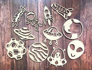 11 Pcs Wooden Space Planet Solar System Craft Shapes – Astronaut, Alien, Planets, Rocket, Meteorite (3.93 Inch)