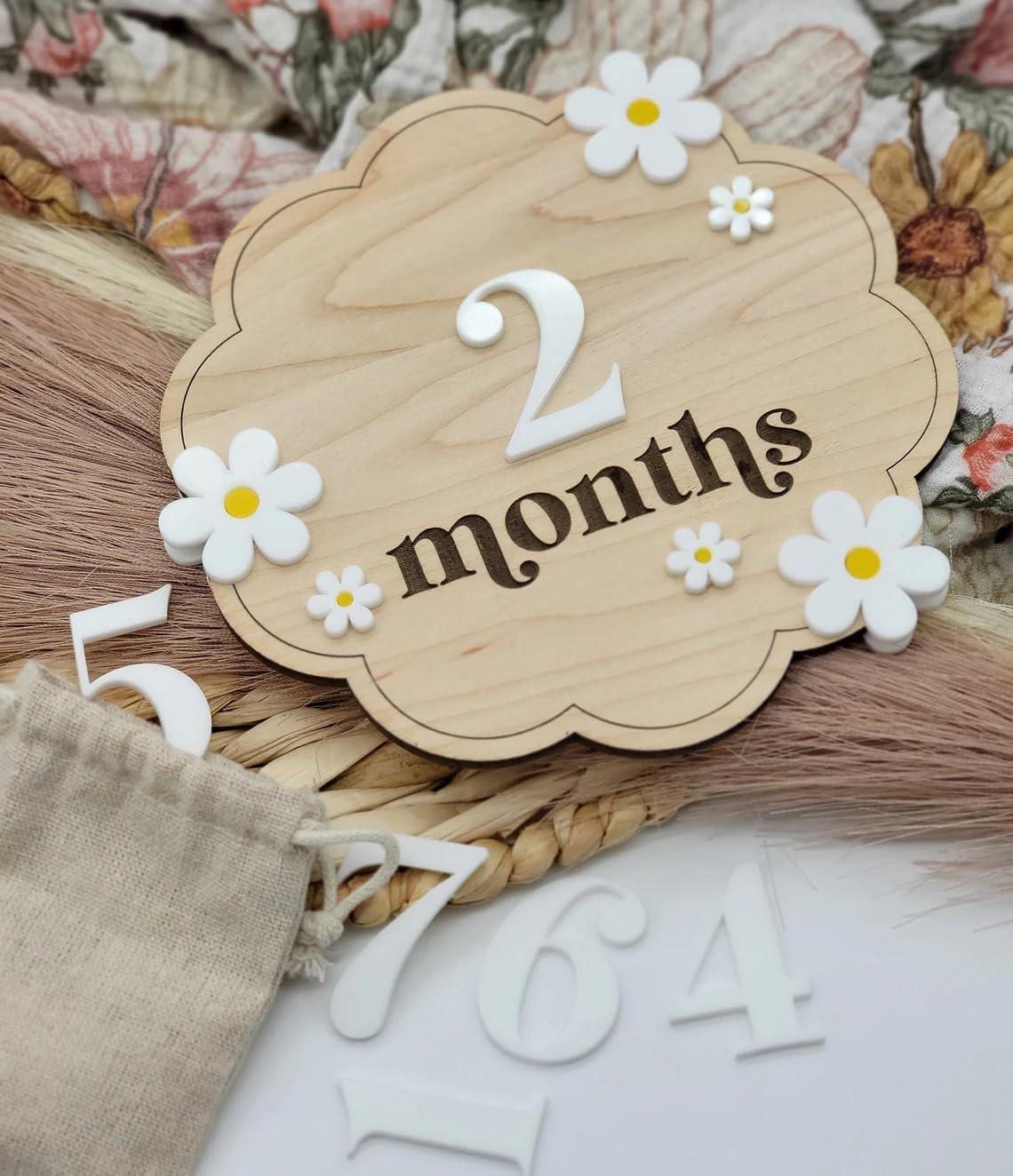 Haoser Wooden Baby Milestone Cards with Daisy Accents,2 Disc. (Month & Months-12 Numbers)