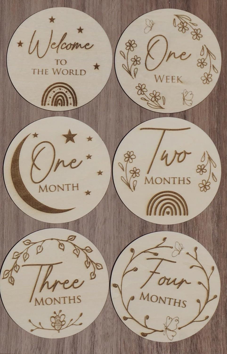 Set of 2 Wooden Moon Star Baby Milestone Discs | Boho Daisy Flower Monthly Milestone Marker | Baby Photo Prop (5.8x5.8 Inch)