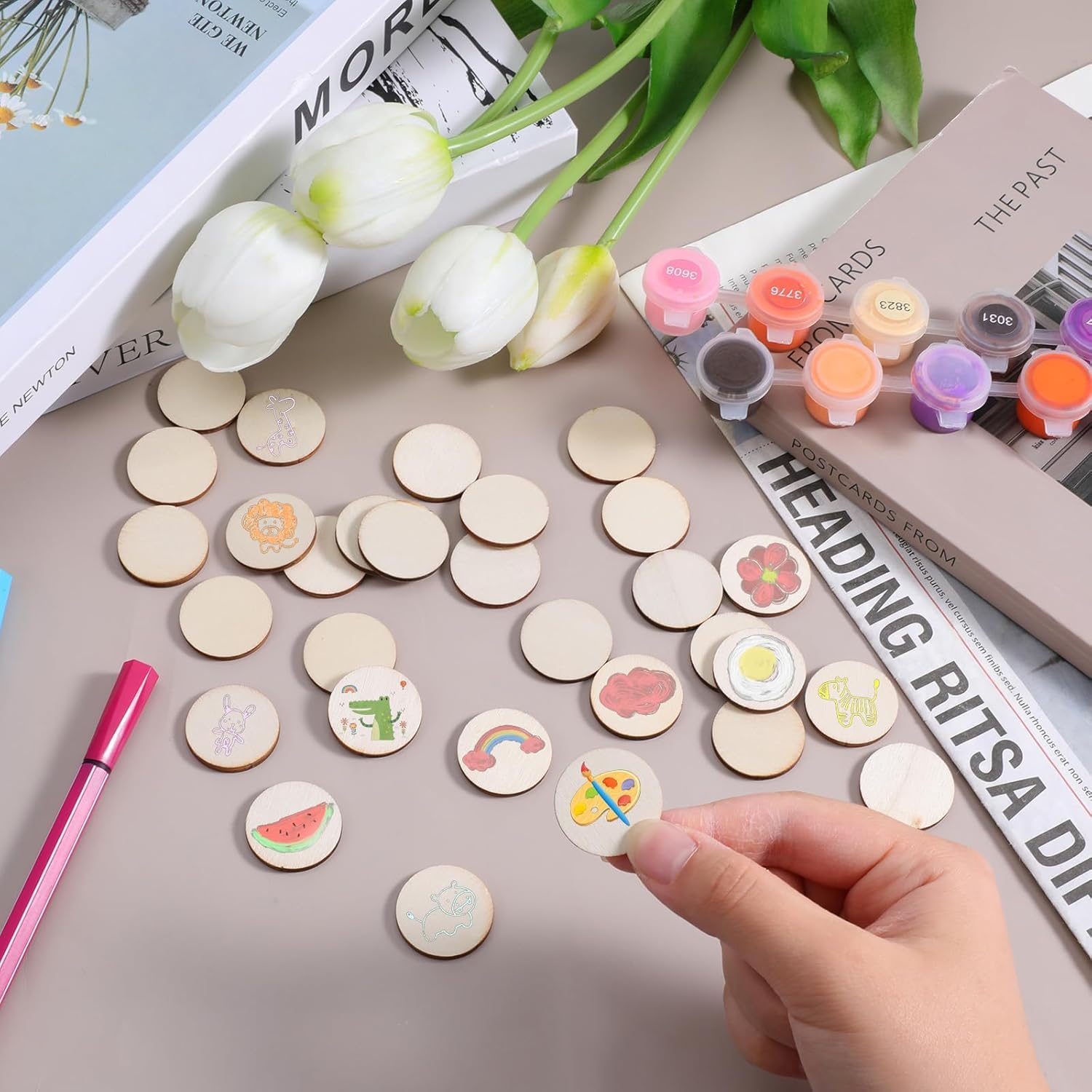 100 Pcs Round Wooden Discs, Unfinished Wood Slices for Crafts Small Wood Slices Blank Natural Wooden Cutout