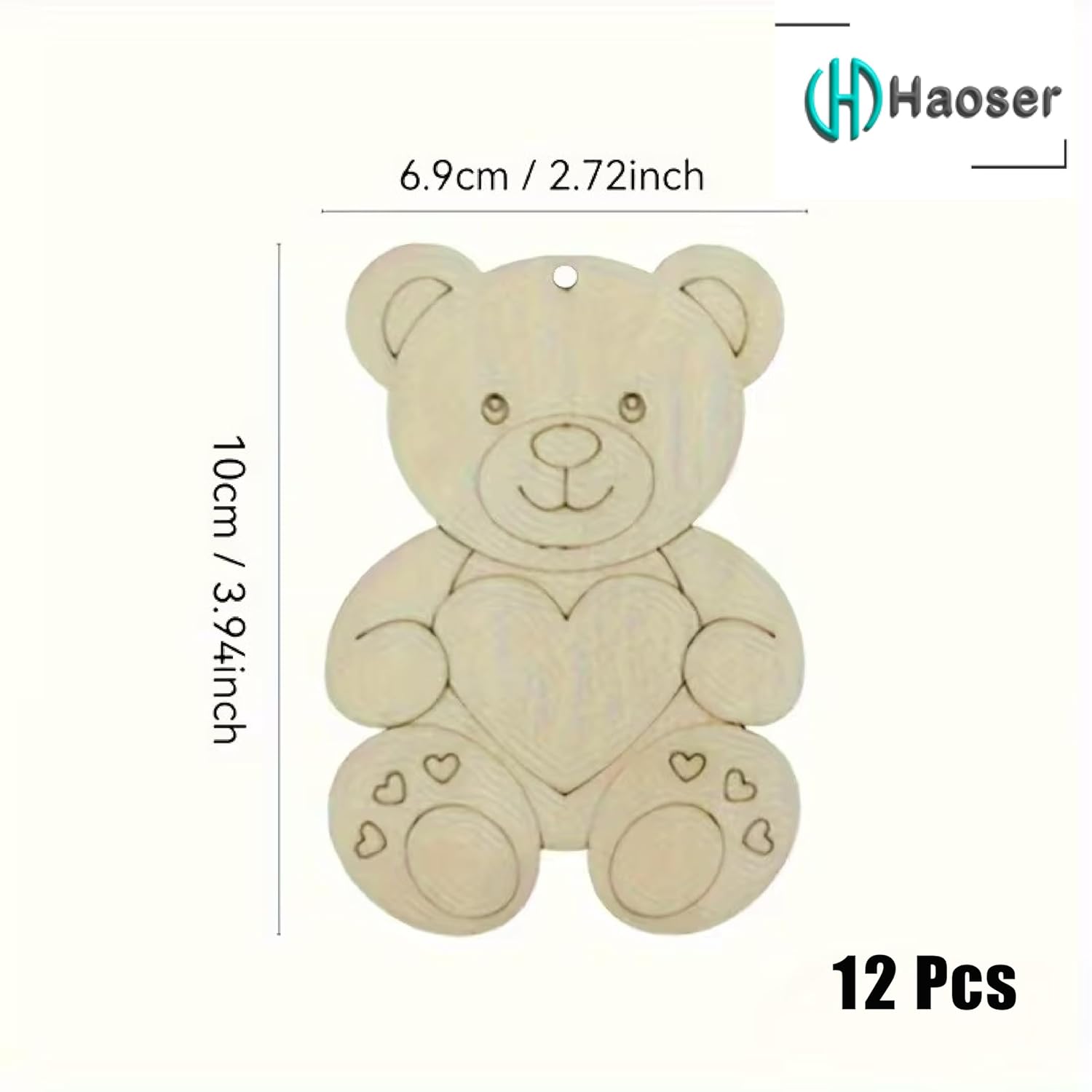 12 Pcs Light Yellow Wooden Heart-Shaped Bear Cutouts